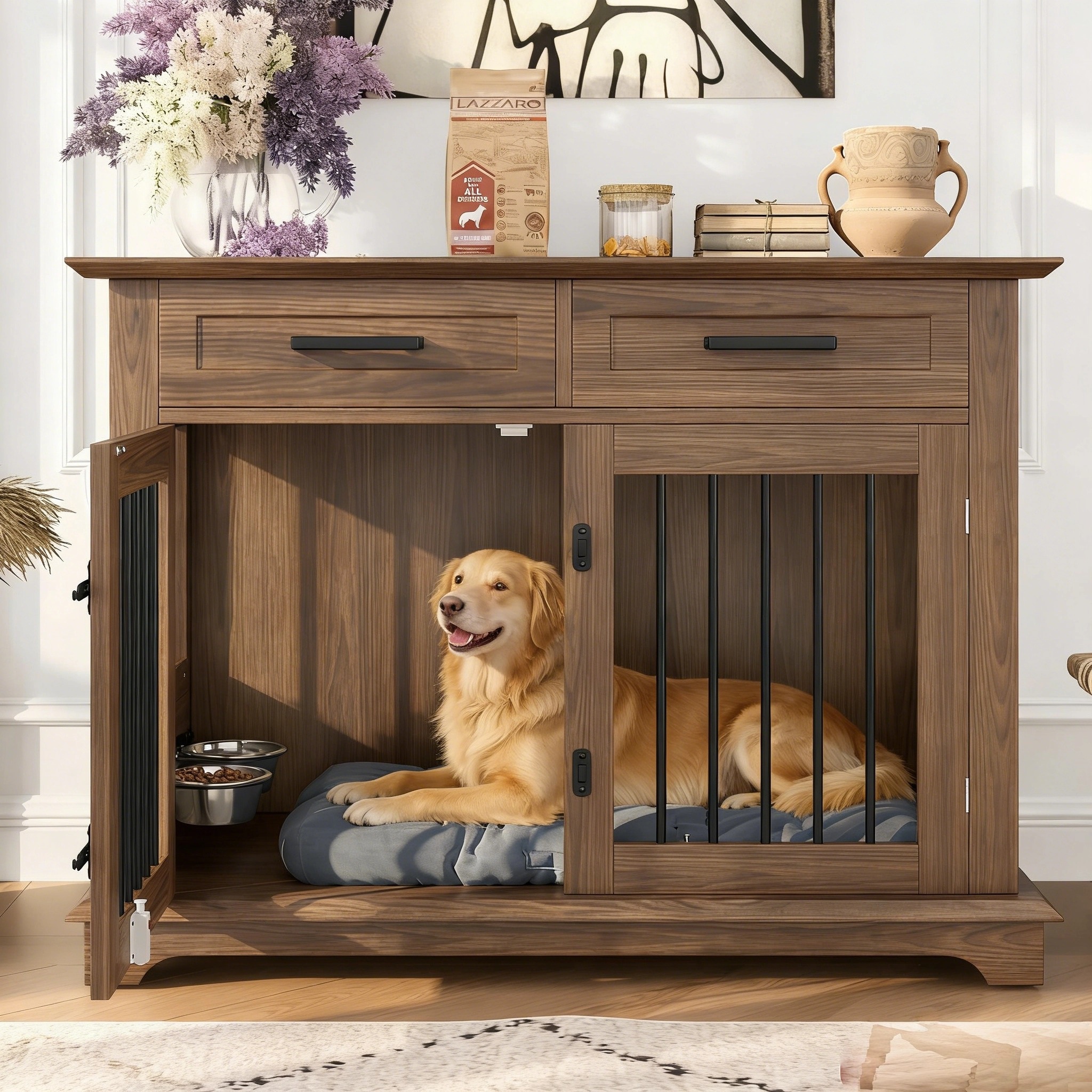44.48 Large Dog Crate Furniture, Indoor Wooden Dog Kennel End Table With 2 Storage Drawers And Rotating Bowls, Decorative Pet Cage Dog House For Medium Dogs, Brown — image 6