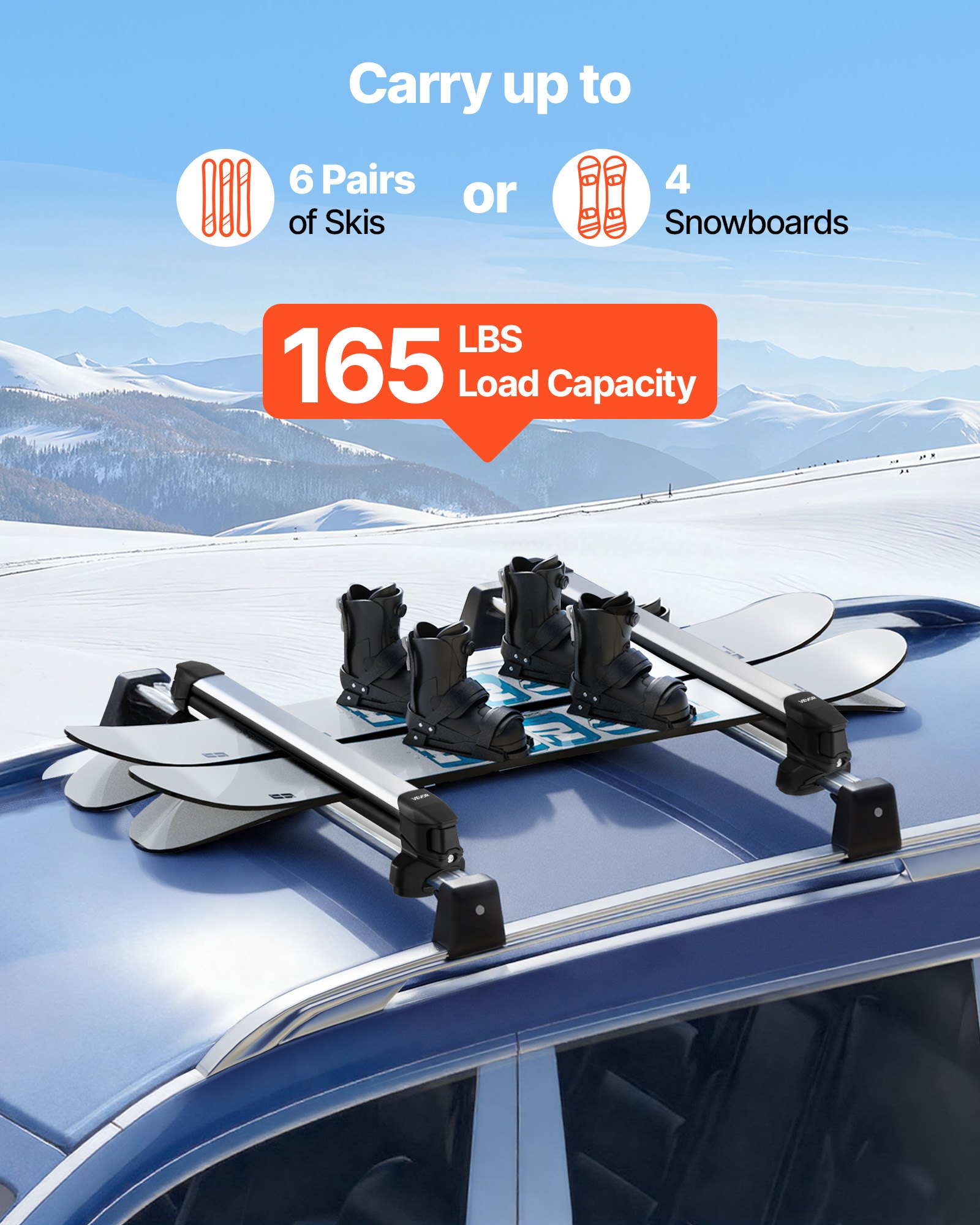 Ski & Snowboard Roof Rack, Carry Up To 6 Pairs Of Skis Or 4 Snowboards, 2 PCS Aluminum Universal Car Roof Rack Top Holder With Lock And Rubber Padding For Fishing Pole Rod, Fit Most Crossbars — image 4