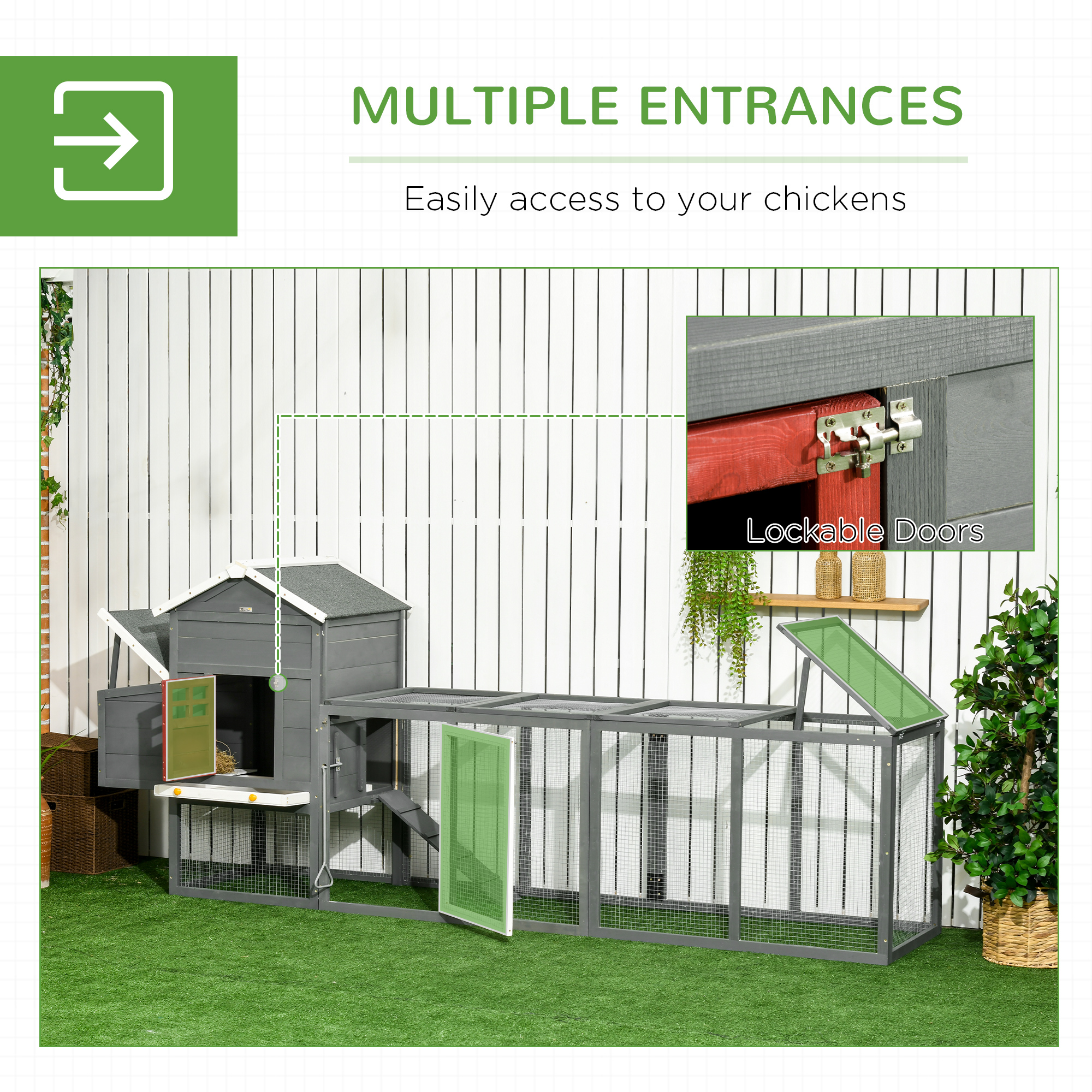 118" Coop de Pollos Extra Grande con Techo de Asfalto, Corral para Gallinas con Deslizador y Caja de Puesta, Refugio para 3-6 Pollos, Gris — imagen 7