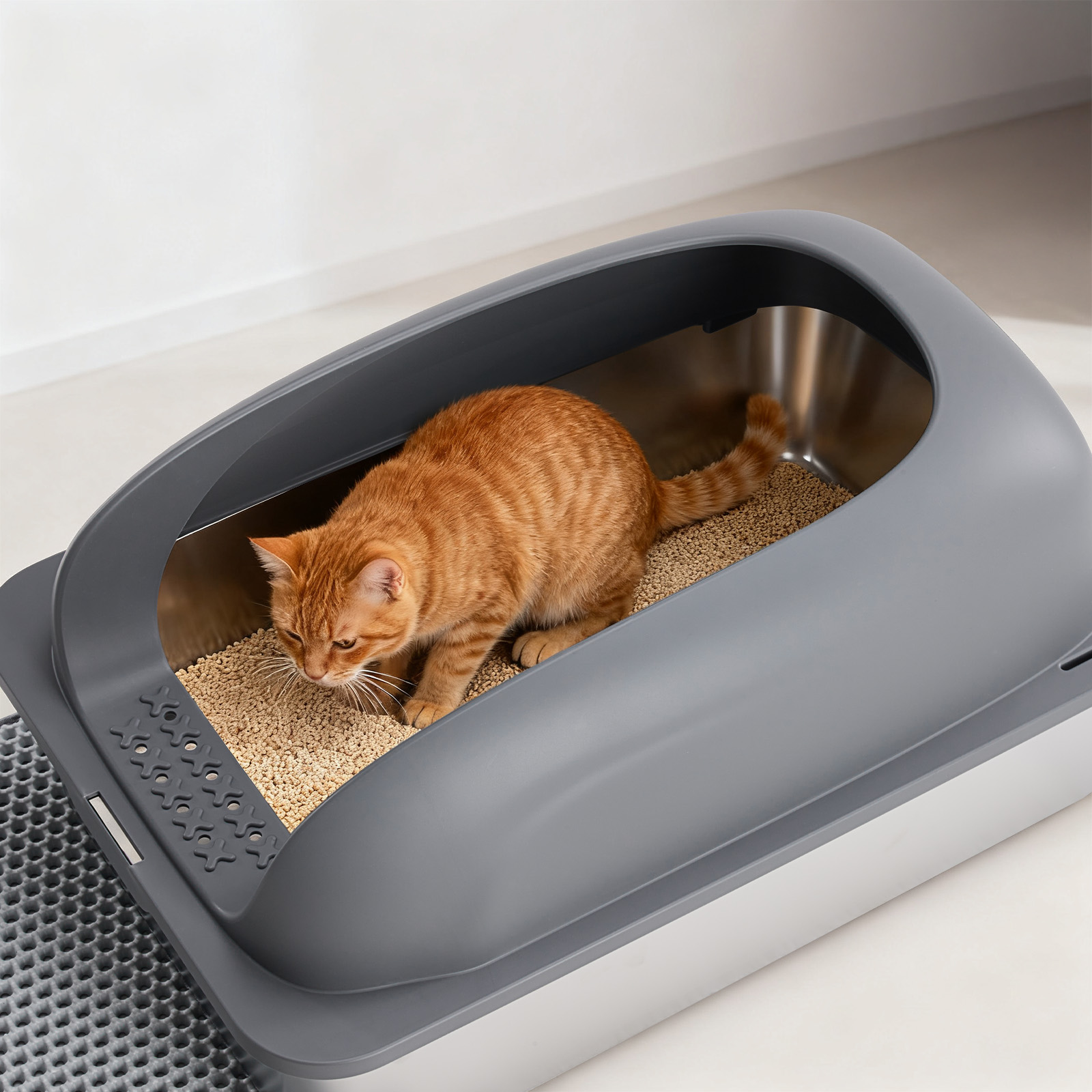 Caja de Arena para Gatos en Acero Inoxidable con Tapadera, Gran Caja de Arena para Gatos Grandes, Escoba y Manta Incluidas — imagen 30