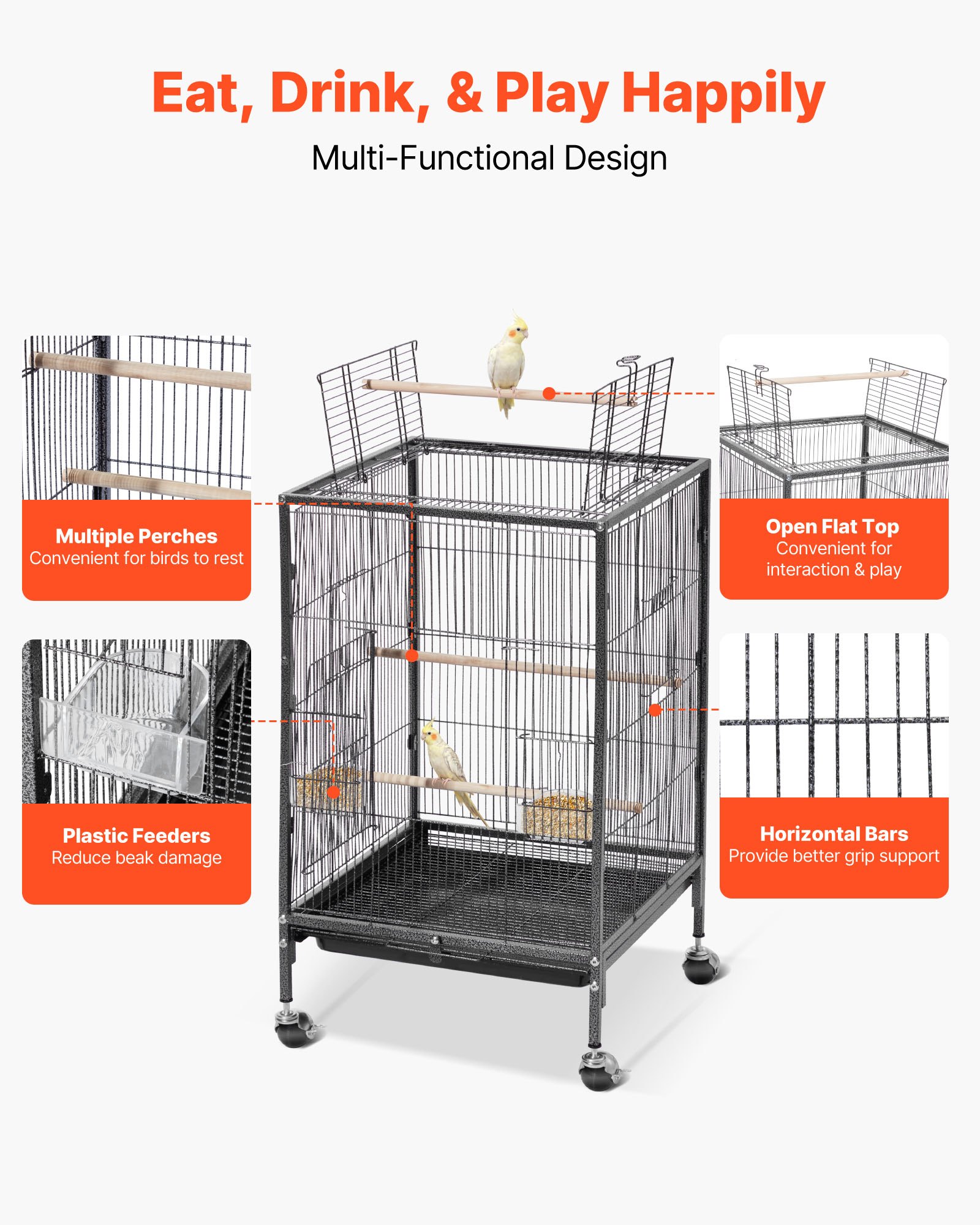 Bird Cage, 18 X 18 X 30 Inch, Open Flat Top, Wrought Iron Bird Flight Cage With Perches, Slide-Out Tray And Plastic Feeders, Casters, For Parrot, Blue Tit, Cockatiel, Canary, Budgerigar, Conure — image 2