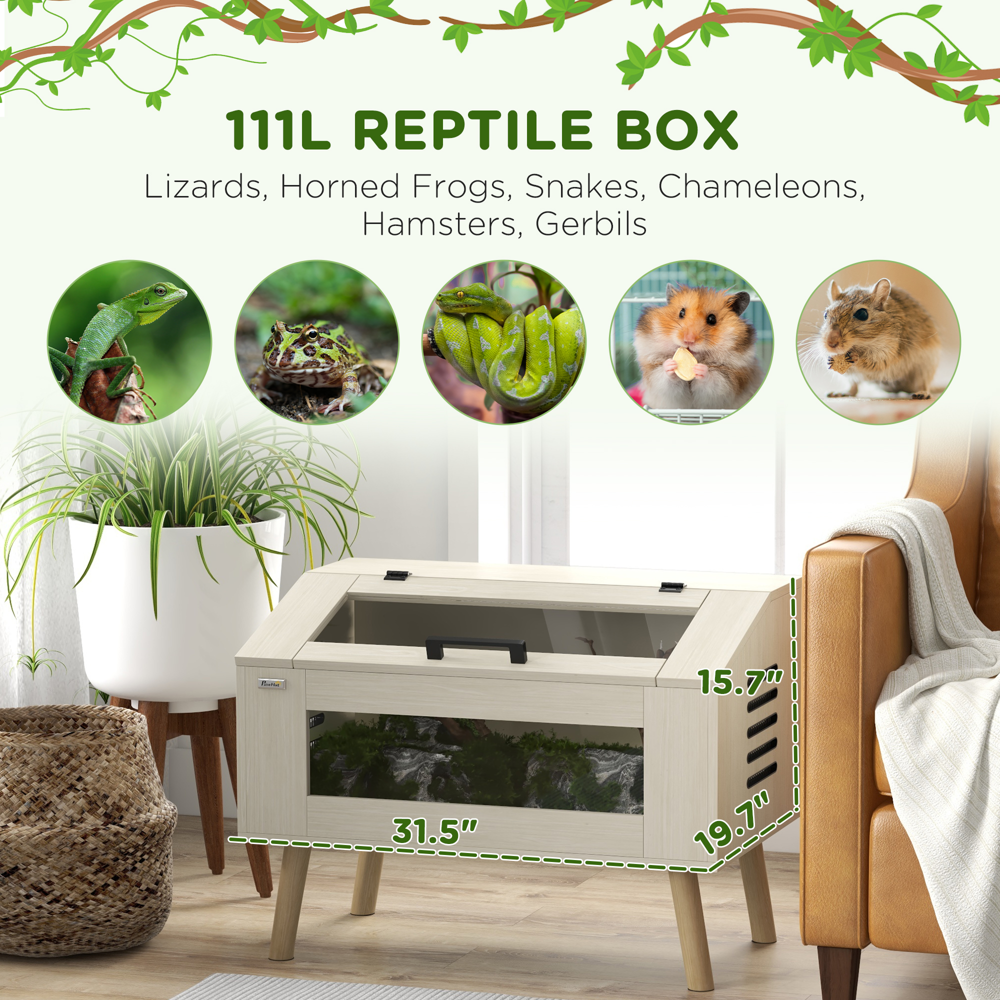 Terrario para Reptiles de 30 Galones, Apertura Superior, con Ventanas de Vidrio, para Serpientes, Lagartos, Ranas Cornudas y Camaleones — imagen 7