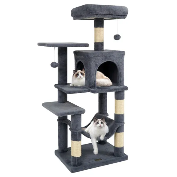 Rascador para gatos de 44" de varios niveles con amplia percha superior, condominio de 2 puertas y hamaca, para gatos de interior - Gris — imagen 1