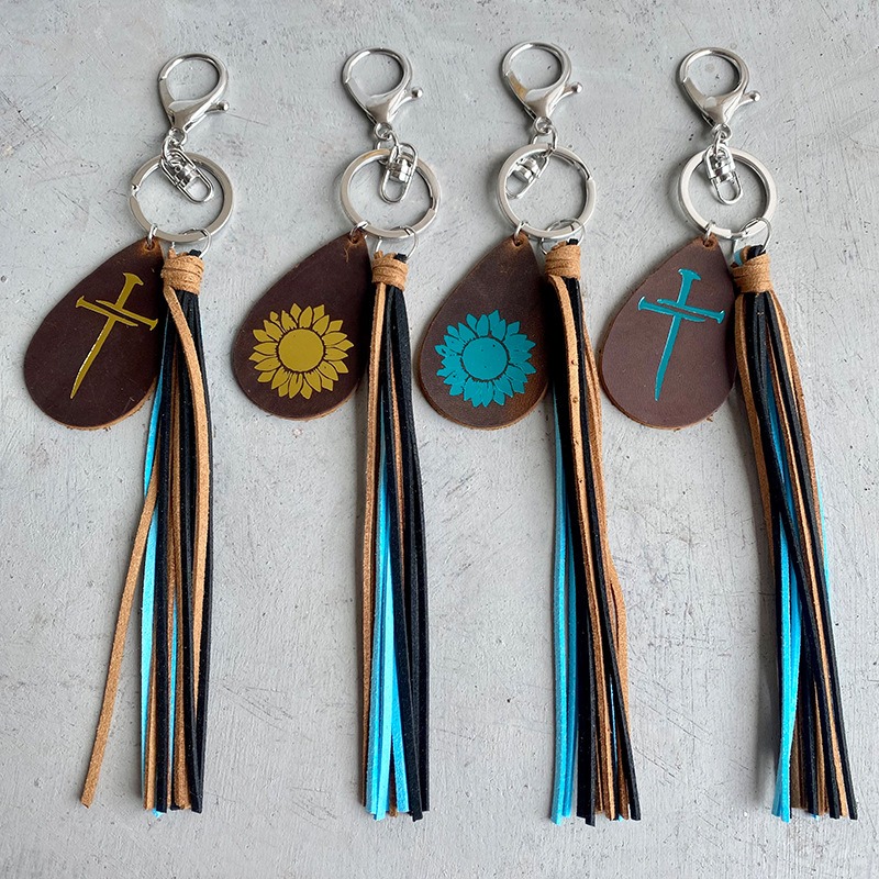 Crazy Horse Skin Keychain Texture Hot Gold Sunflower Cross Droplet Shape Keyring Leather Tassel Pendant — image 1