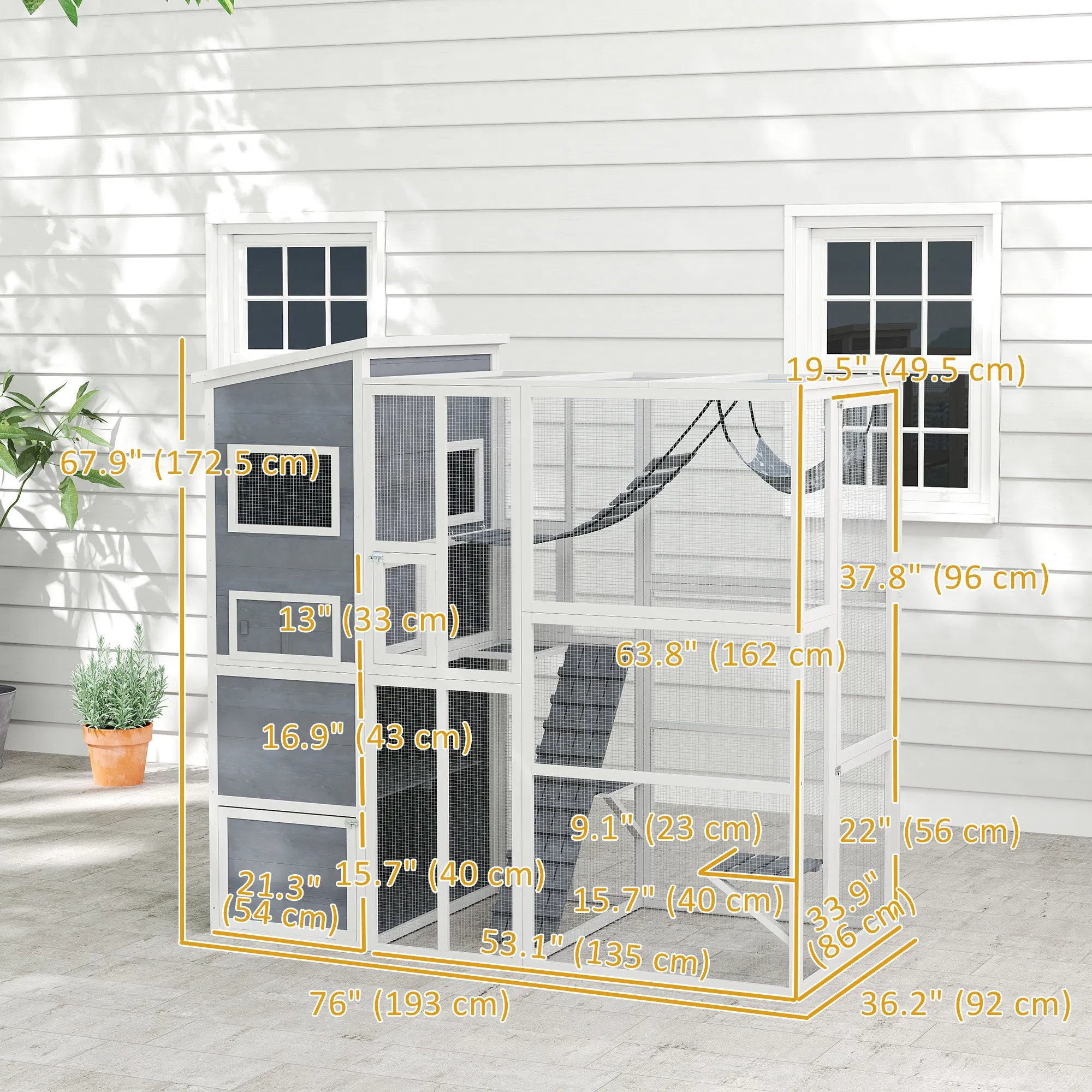 76" Catio Outdoor Cat Enclosure with Cat Condo, Jumping Platforms, Ladder, Ramps, Hammock for 2-3 Indoor Cats, Grey — image 6