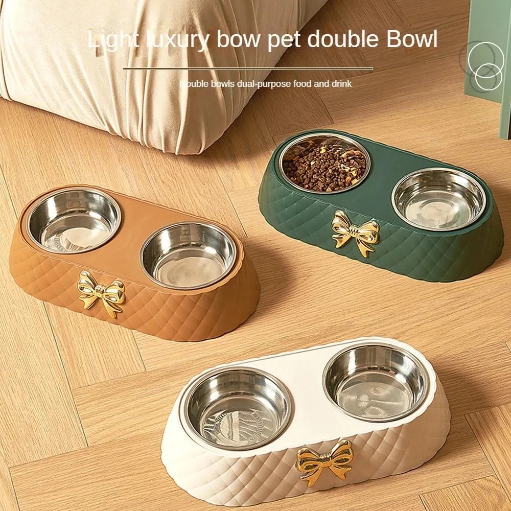 Comida para Mascotas: Tazón Doble con Cuello de Corbata, Acero Inoxidable, Para Gatos y Perros