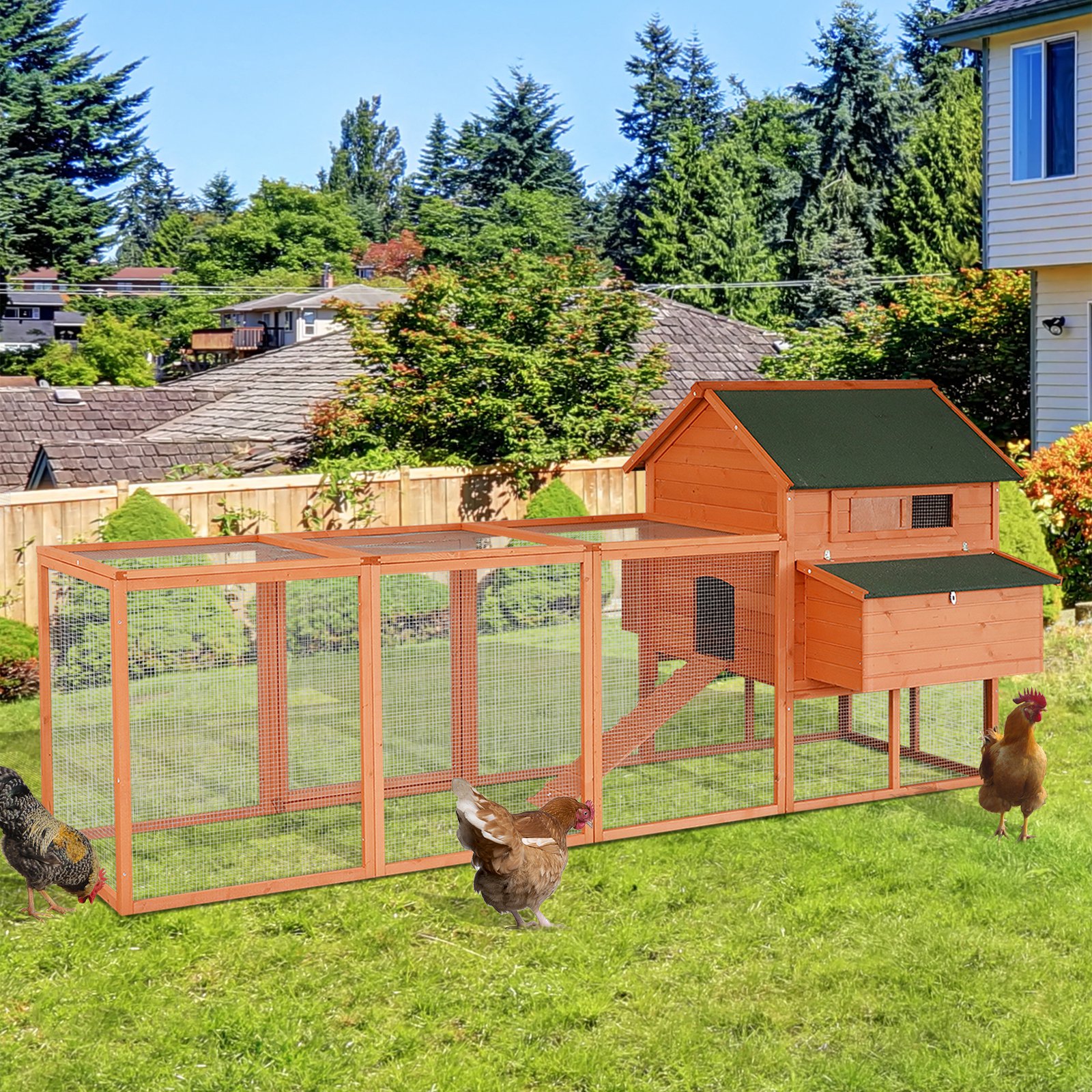 Gallinero de Madera de 136.5", Casa Grande para Gallinas, Conejera de Lujo, Jaula de Aves de Corral con Cerradura para el Patio, con Nido y Corral — imagen 1