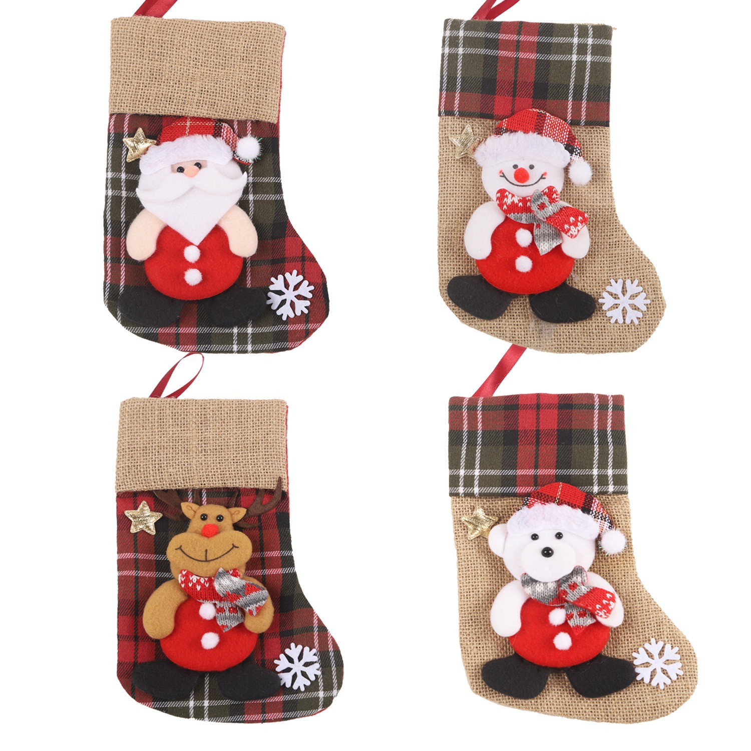 Christmas linen checkered gift bag 3D elderly snowman reindeer figurine Christmas boots pendant — image 1