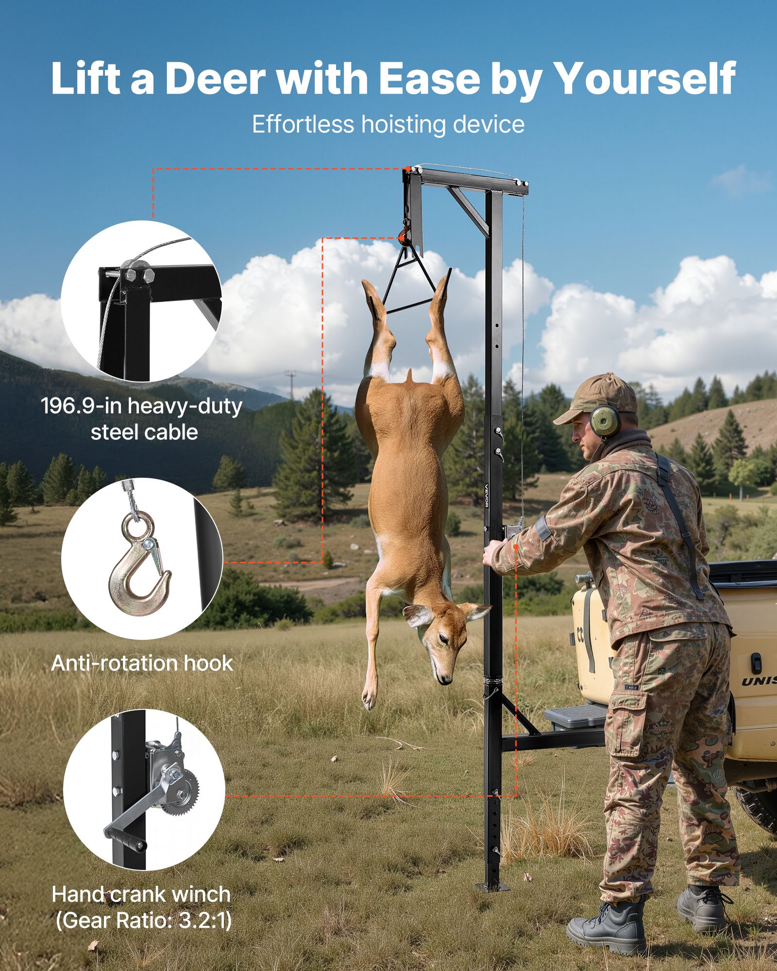 Truck Hitch Game Hoist, 500 Lbs Load Capacity, Hunting Deer Hoist With 2-inch Receiver, 360-Degree Swivel Shaft & Adjustable Height, Includes Gambrel Winch For Skinning & Cleaning Game — imagen 2