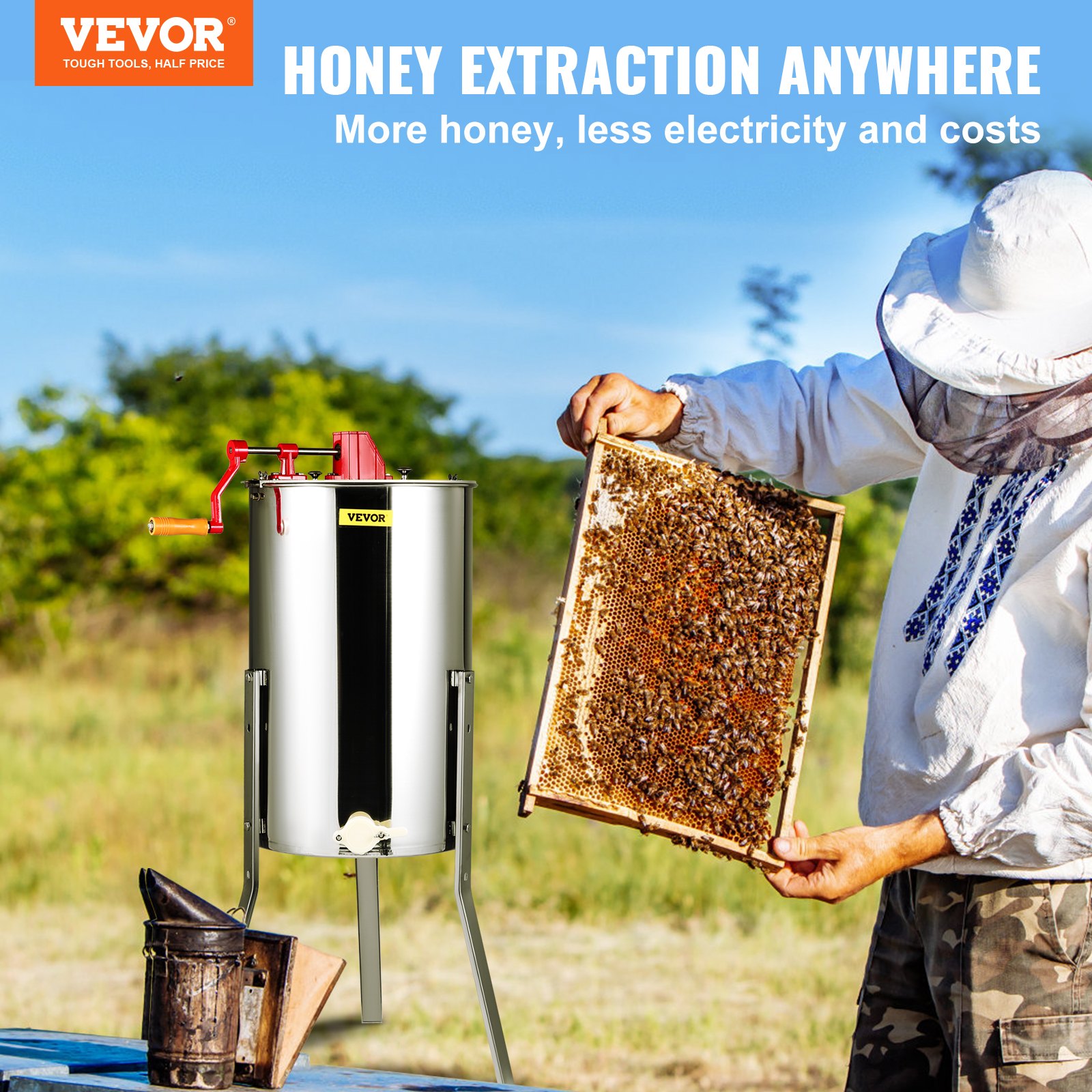 VEVOR Manual Honey Extractor, 3 Frames Honey Spinner Extractor, Stainless Steel Beekeeping Extraction, Honeycomb Drum Spinner With Lid, Apiary Centrifuge Equipment With Height Adjustable Stand — image 1