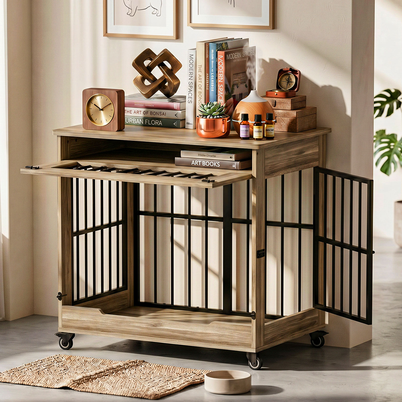 Dog Crate Furniture, Double Door Wooden Indoor Dog Kennel Furniture, Decorative Pet Cage End Table With Wheels For Medium And Small Breed Dogs, Size M, Greige — image 25