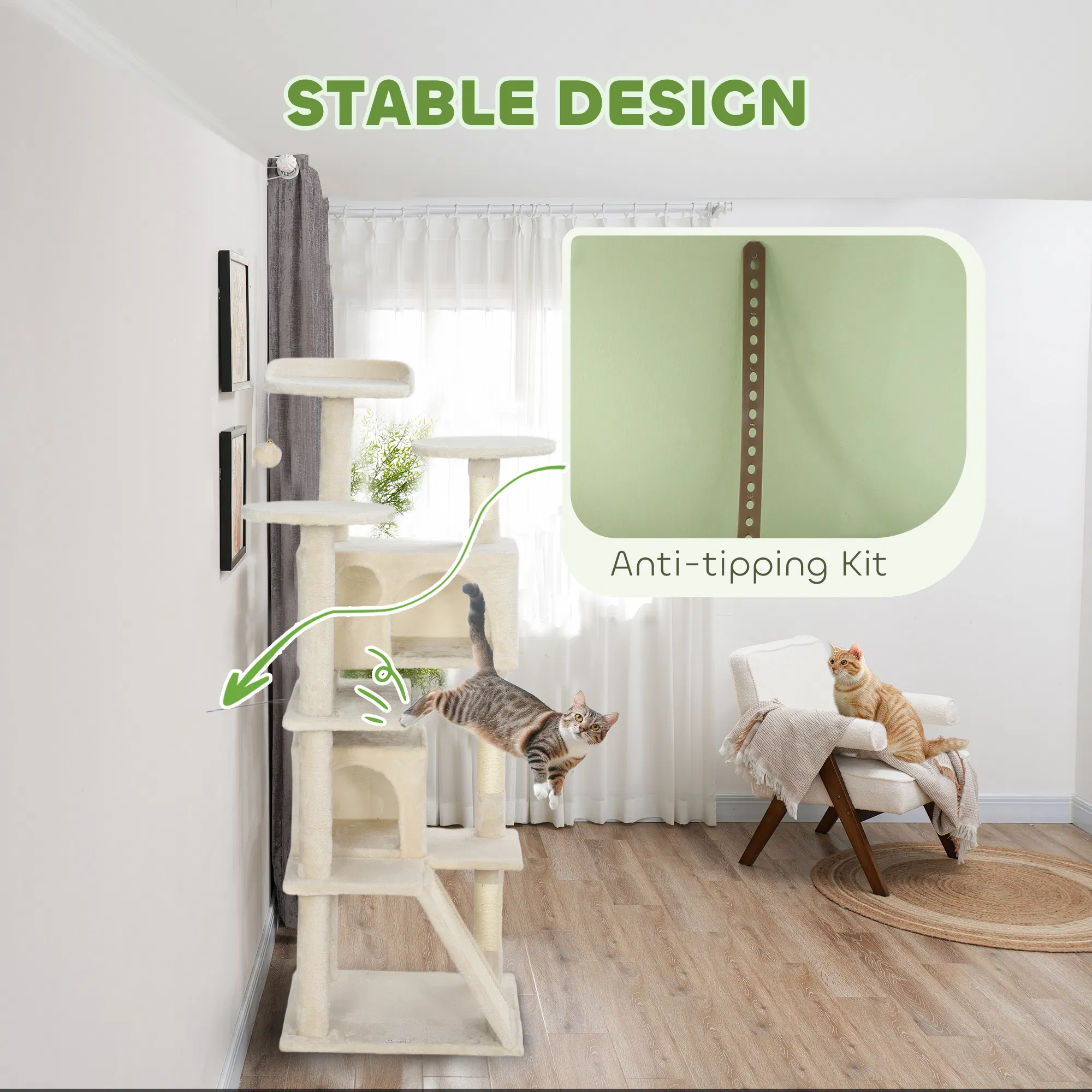 54" Cat Tree, Multi-Level Cat Tower with Scratching Posts, Cat Condos, Bed, Platforms, Ramp, Toy Ball, Beige — image 6