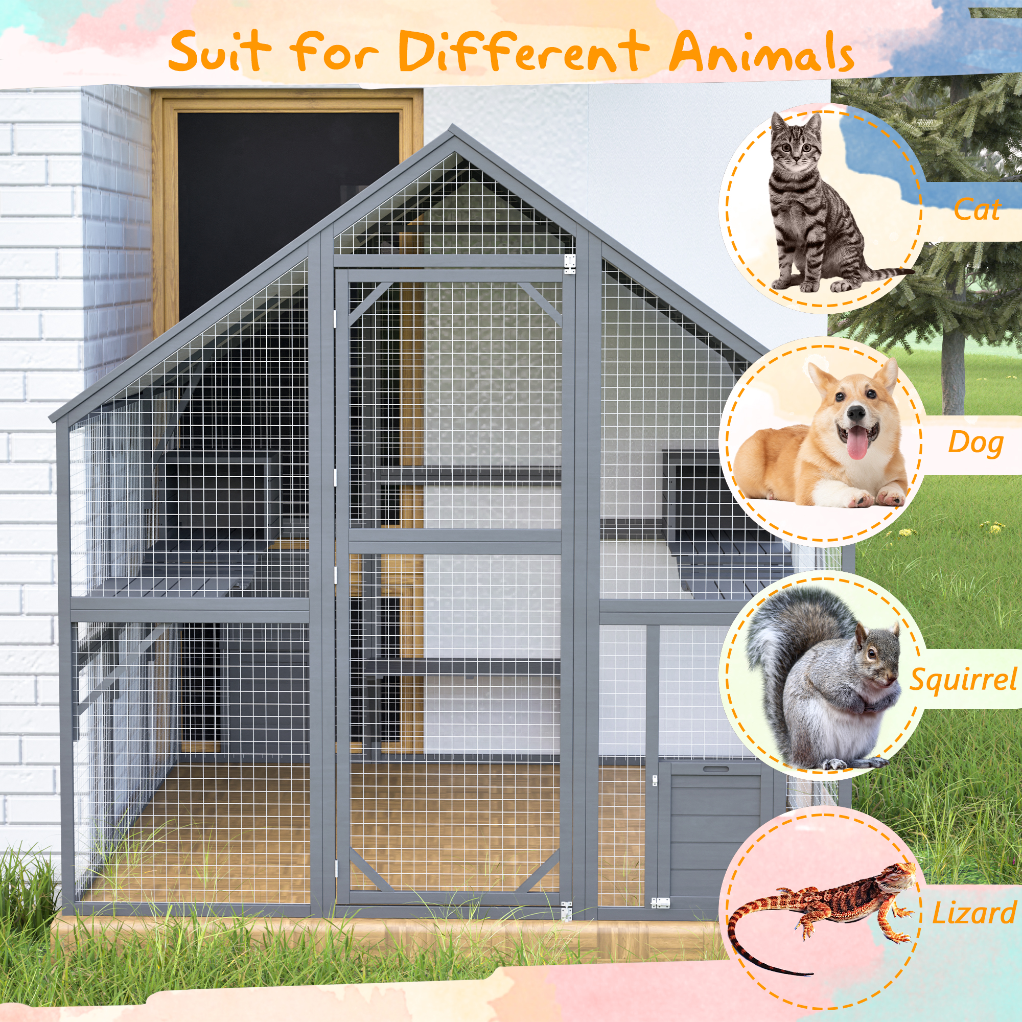 Premium Cat Run Large Outdoor Enclosure, Wooden Catio Kitty Mansion With Suspension Bridges, Strolling Paths, Cozy Cabins, Protective Roof Cover, 82 Inch Expanse — image 3