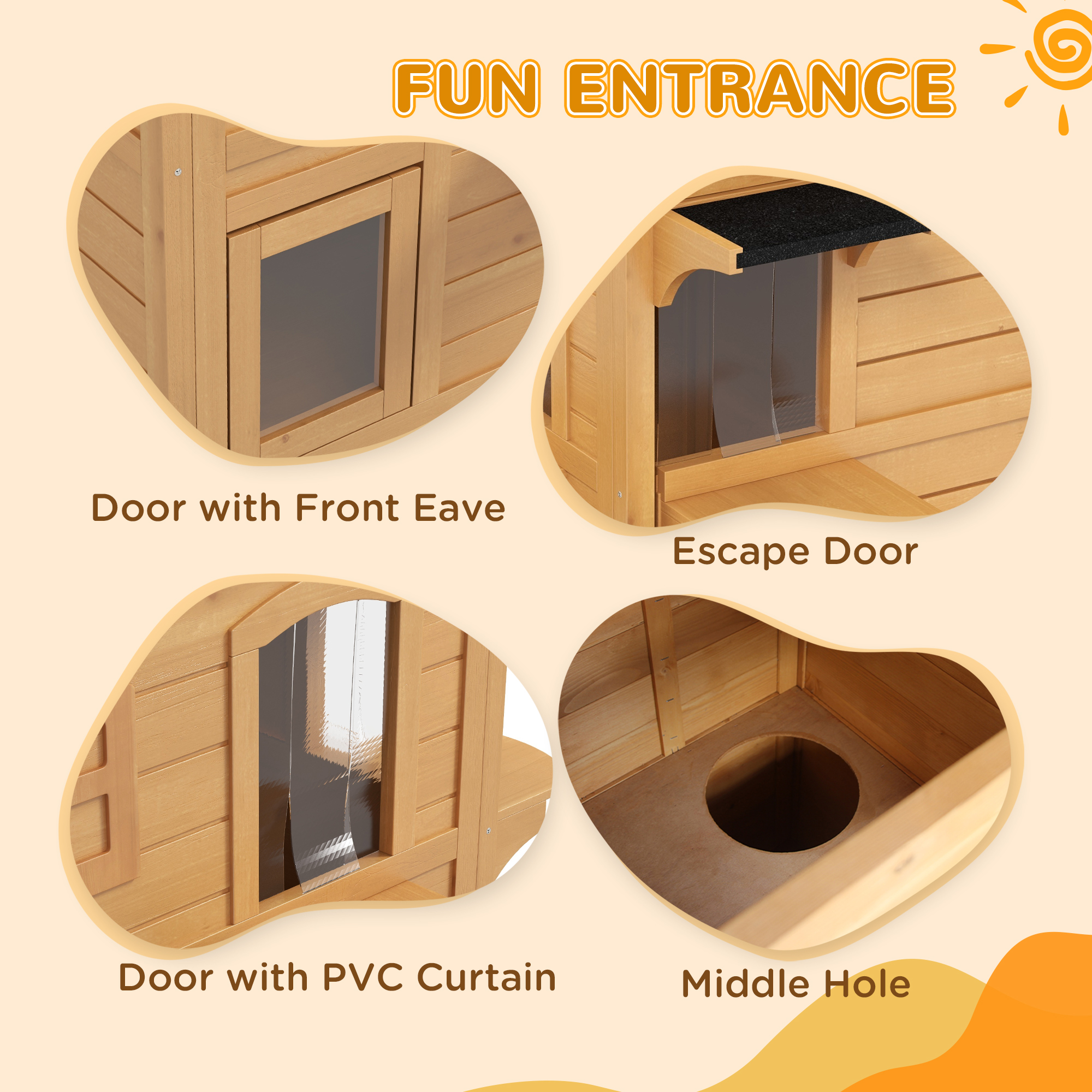 Casa Para Gatos Exterior de 2 Pisos, Recinto de Madera Resistente a la Intemperie Para Gatos Callejeros Con Puerta de Escape, Techo Abatible y Plataformas Para Saltar, Natural — imagen 6