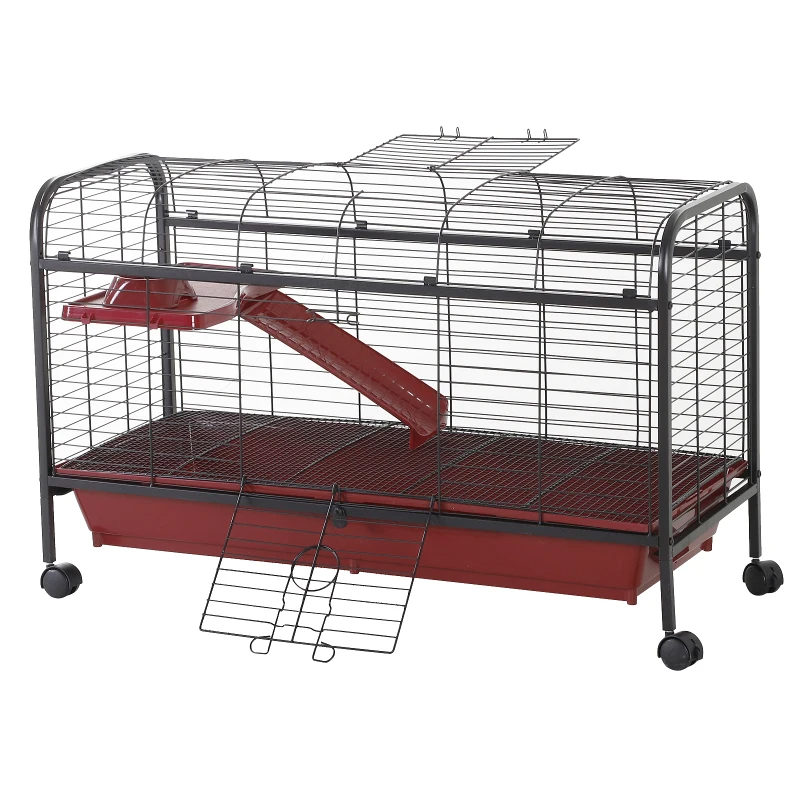 PawHut 41L Small Animal Cage, Pet Play House For Rabbit Hutch Ferret With Feeder, Rolling Wheels, Platform, Ramp — image 10