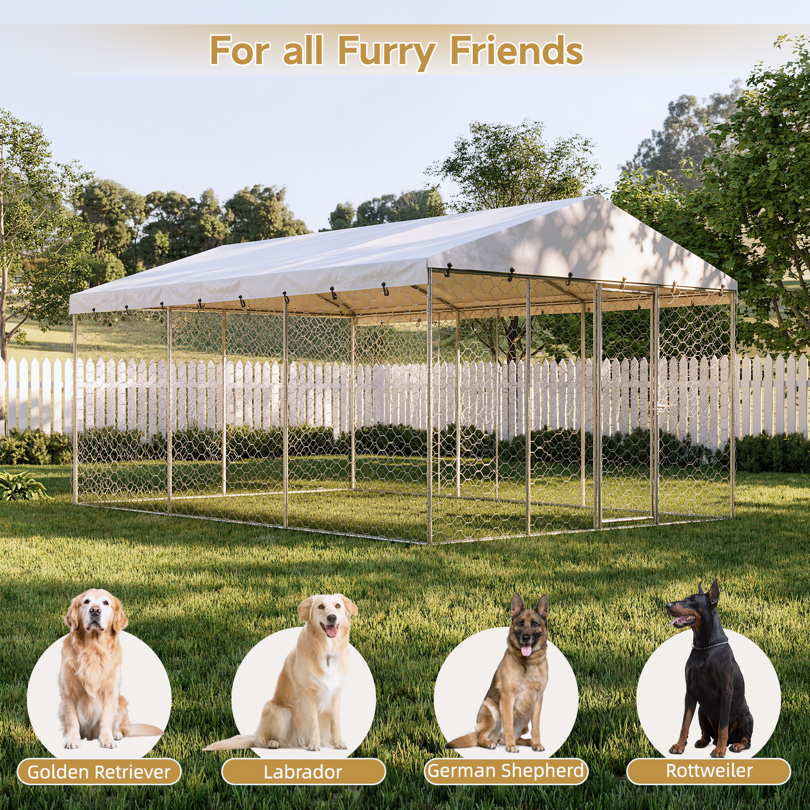 Casa de Perro Exterior Grande con Techo, Estructura de Acero Galvanizado Resistente, Cubierta Impermeable, Protección para Todo Clima, Jaula Segura para Perros Grandes, Multiple Animales — imagen 9