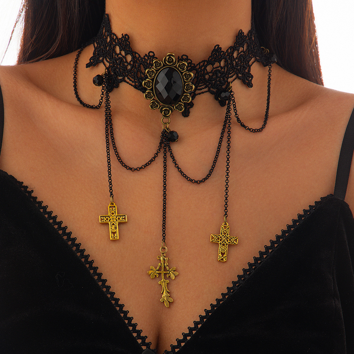 Collar de Cuerda con Red de Araña para Fiesta de Calabaza - Joya de Niña Fuego con Gotas de Cristal y Cadena de Clavícula — imagen 9