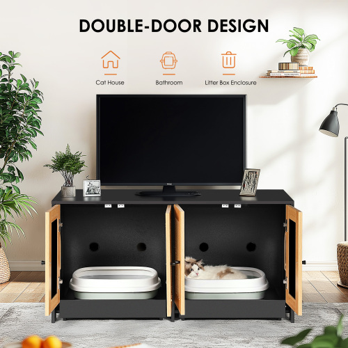 Caja de Limpieza para Gatos Doble con Puertas de Rattán, Encierro de Caja de Arena para 2 Gatos, Mueble de Arena Oculta con Panel de Escarificado para Gatos, 47" L x 19.8" A x 21.8" H, Negro — imagen 10