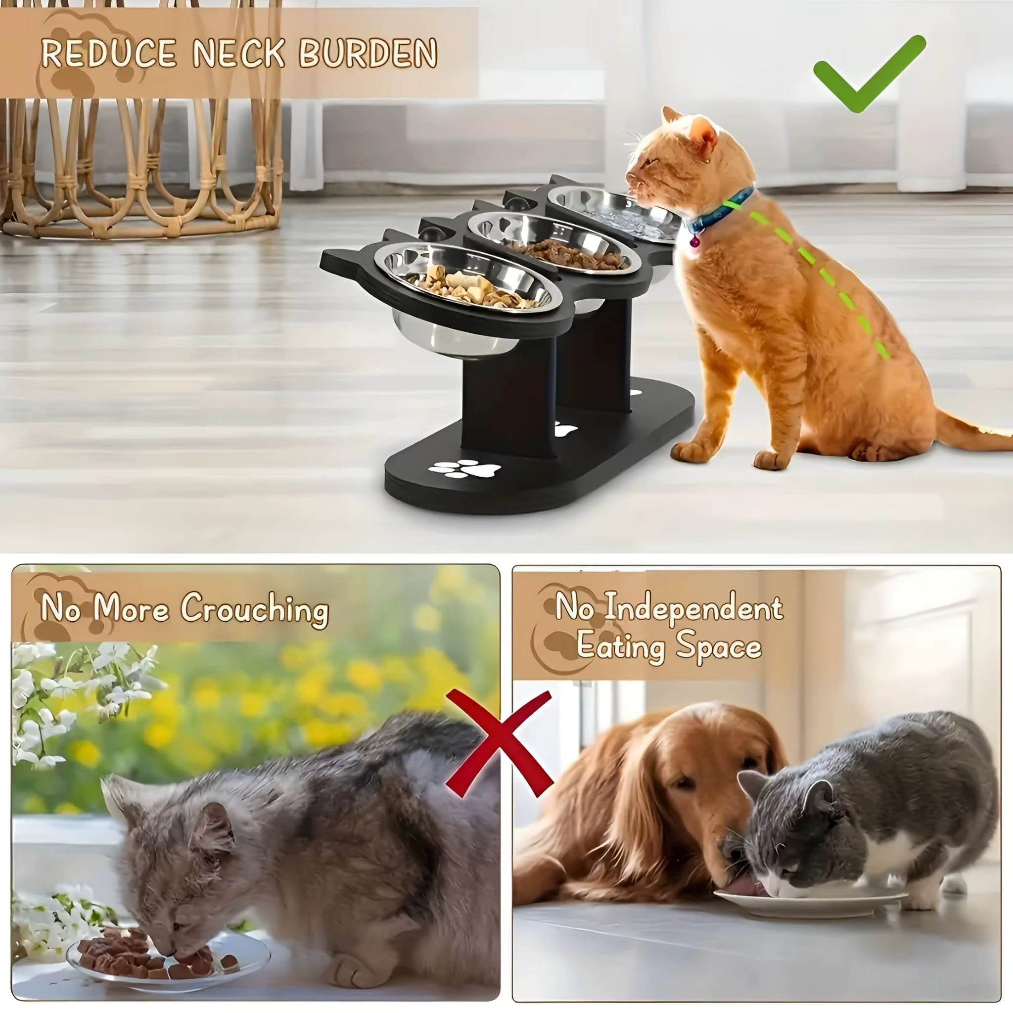 Elevated Cat Food Bowl with Black Wooden Support Frame Stainless Steel Cats Bowls 15° Stand Sloped Feeding & Watering Supplies — image 2