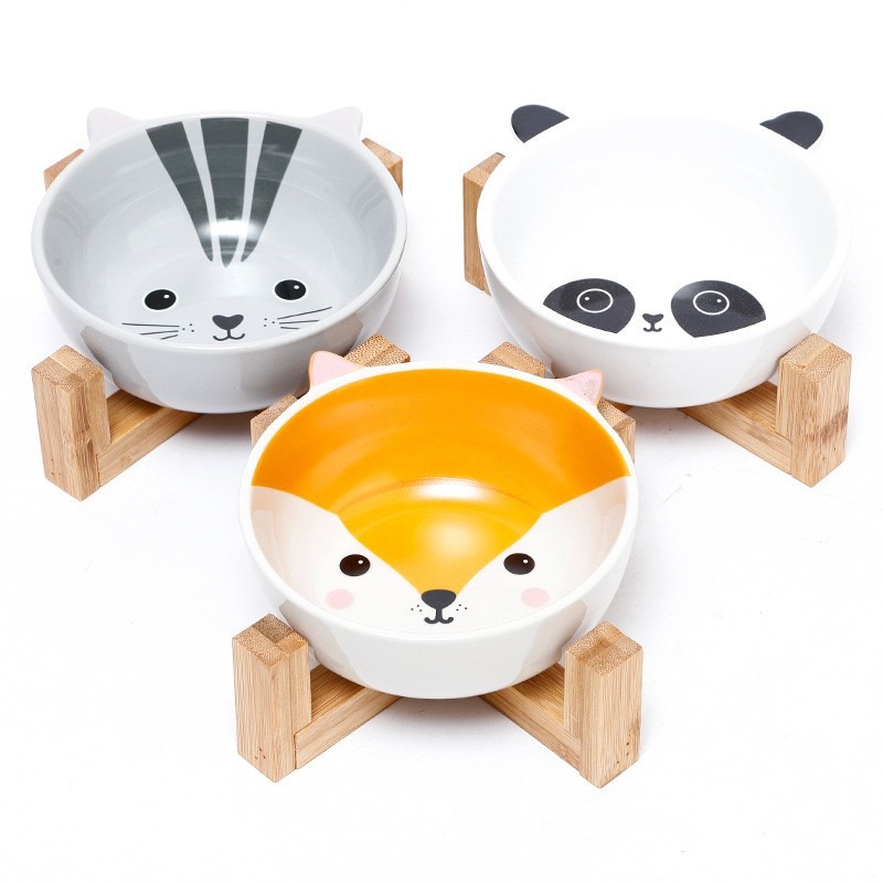 Double Ear Cartoon Ceramic Pet Bowl Bamboo Wooden Frame Matching Neck Bowl Dog Bowl Ceramic Cat Bowl — image 6