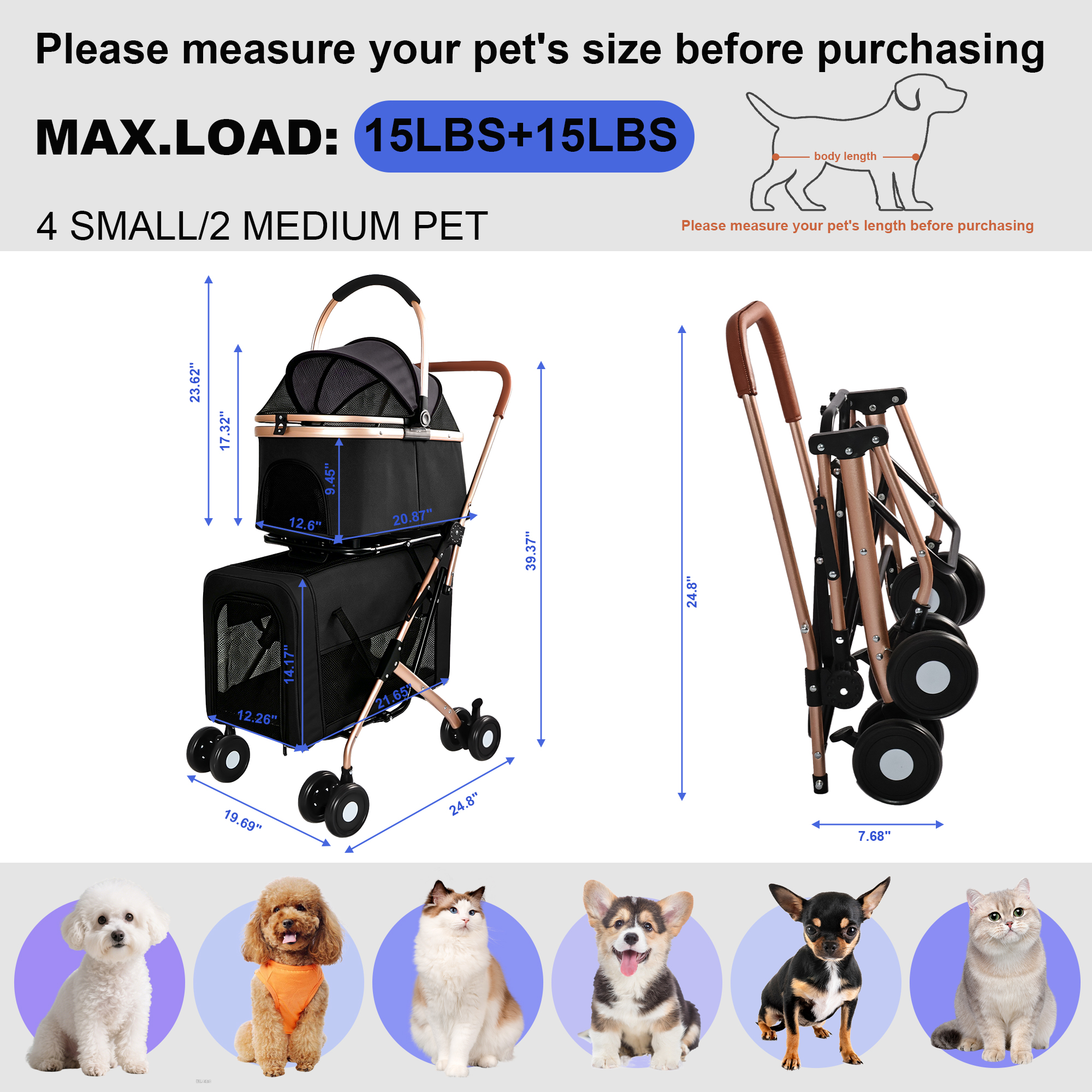 Cochecito Doble para Mascotas 3 en 1 para Perros y Gatos Pequeños y Medianos, Marco Plegable Convertible en Bolso Transportador, Ruedas Antichoque con Sistema de Freno, Doble Correa de Seguridad Fija para Hogares con Varias Mascotas — imagen 11
