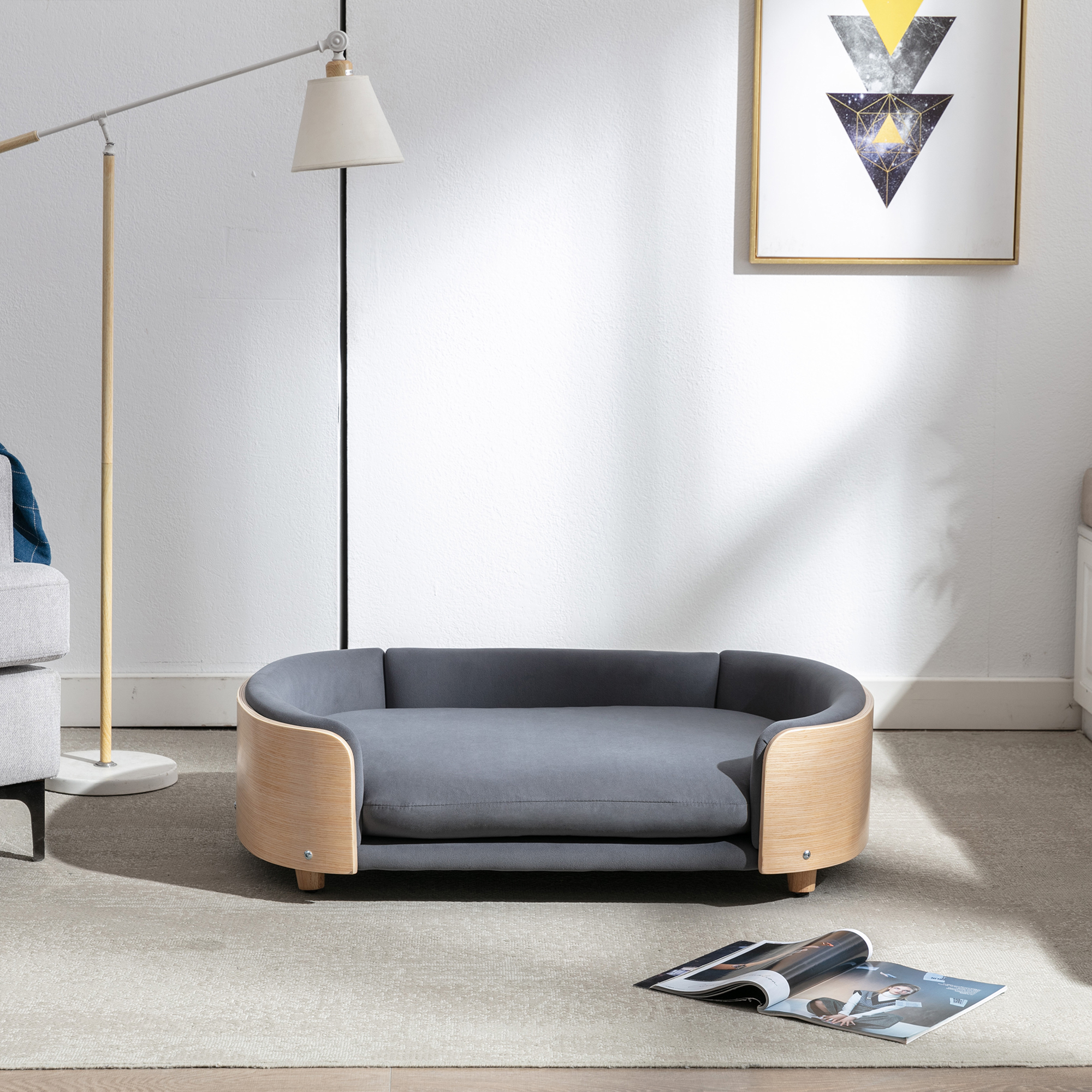Scandinavian style Elevated Dog Bed Pet Sofa With Solid Wood legs and Bent Wood Back, Velvet Cushion, Large Size — image 7