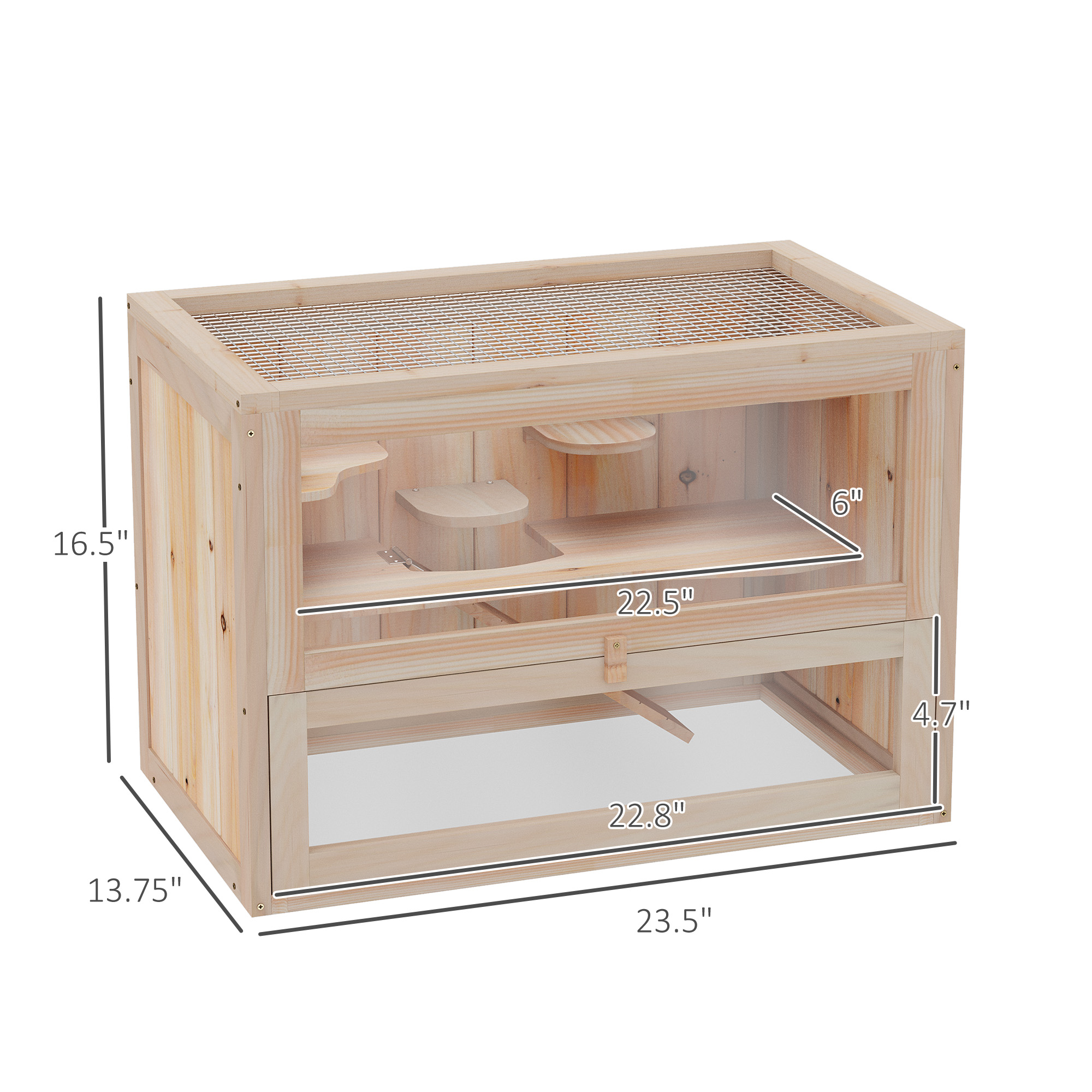 Hábitat para Hámster de 2 Niveles con Puerta Superior y Frontal Abatible, Estante, Escalera, Estructura Estable de Madera de Abeto, Madera Natural — imagen 5