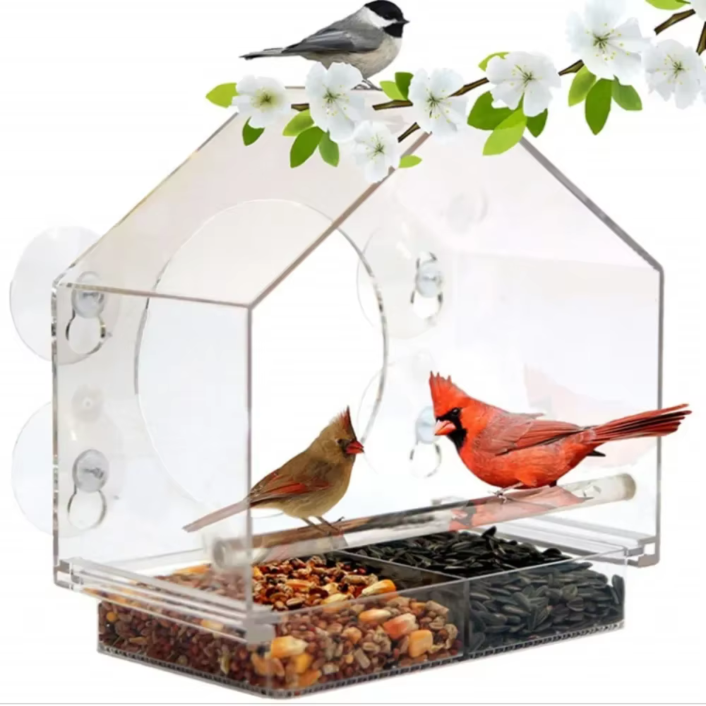 Comedero Colgante de Acrílico Transparente para Ventana, Casa Comedero para Aves con Ventosa, para Semillas y Maní — imagen 1