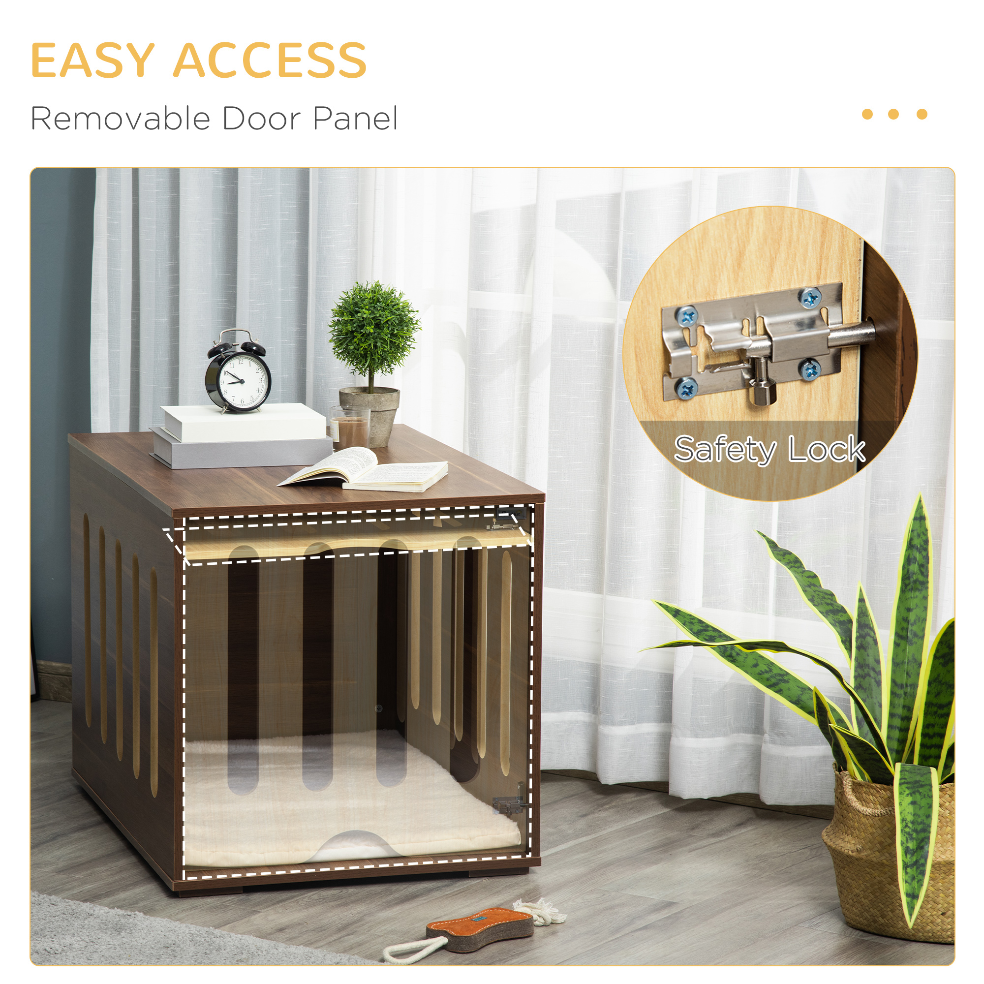 Caja para Perros de Estilo de Mueble con Panel de Puerta Removible, Cama para Perros con Almohada de Espuma y Suporte de Seguridad, Uso Interior, para Perros Pequeños y Medianos, Marrón — imagen 3