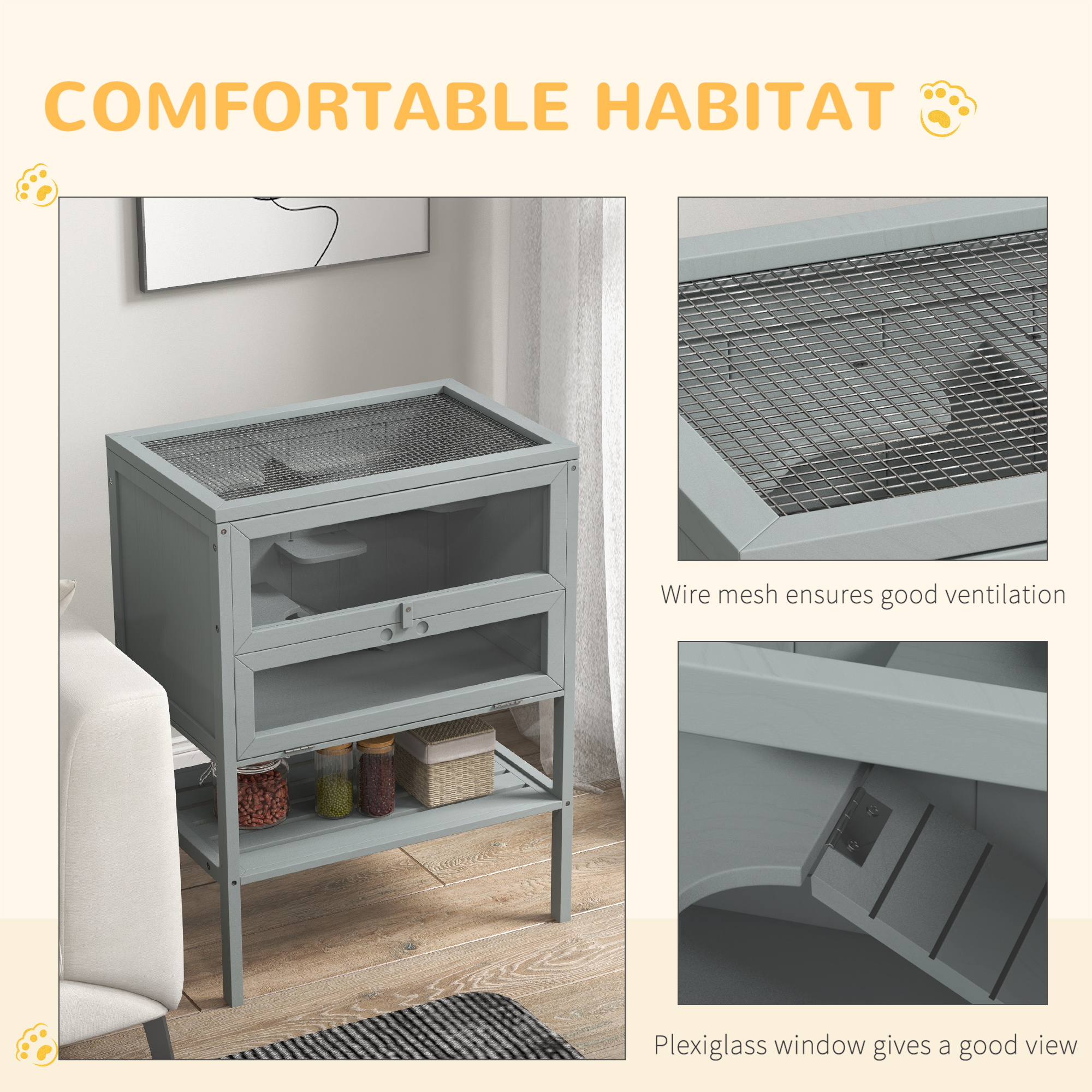 3-Tier Wooden Hamster Cage Mice and Rat Cage Small Animals Hutch with Openable Top, Front Door, Storage Shelf, Gray — imagen 8