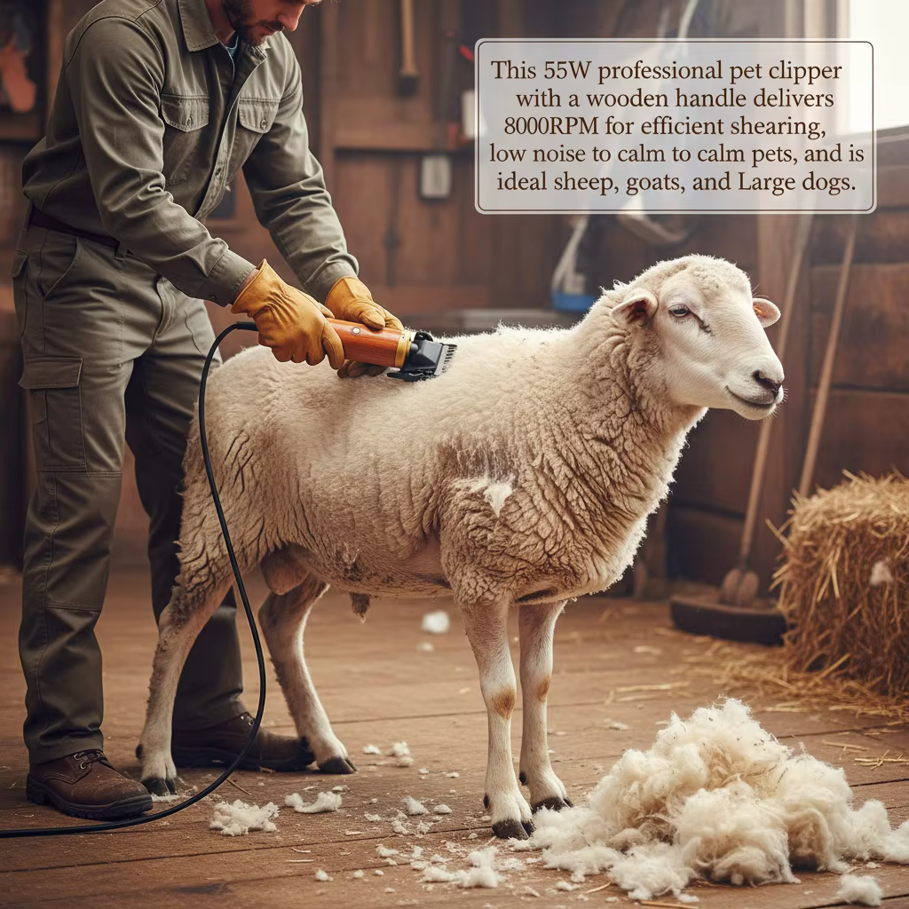 Electric Pet Clipper 55W, Professional Corded Animal Shears for Sheep Goats Dogs, Low Noise with Wooden Handle US Plug — image 1
