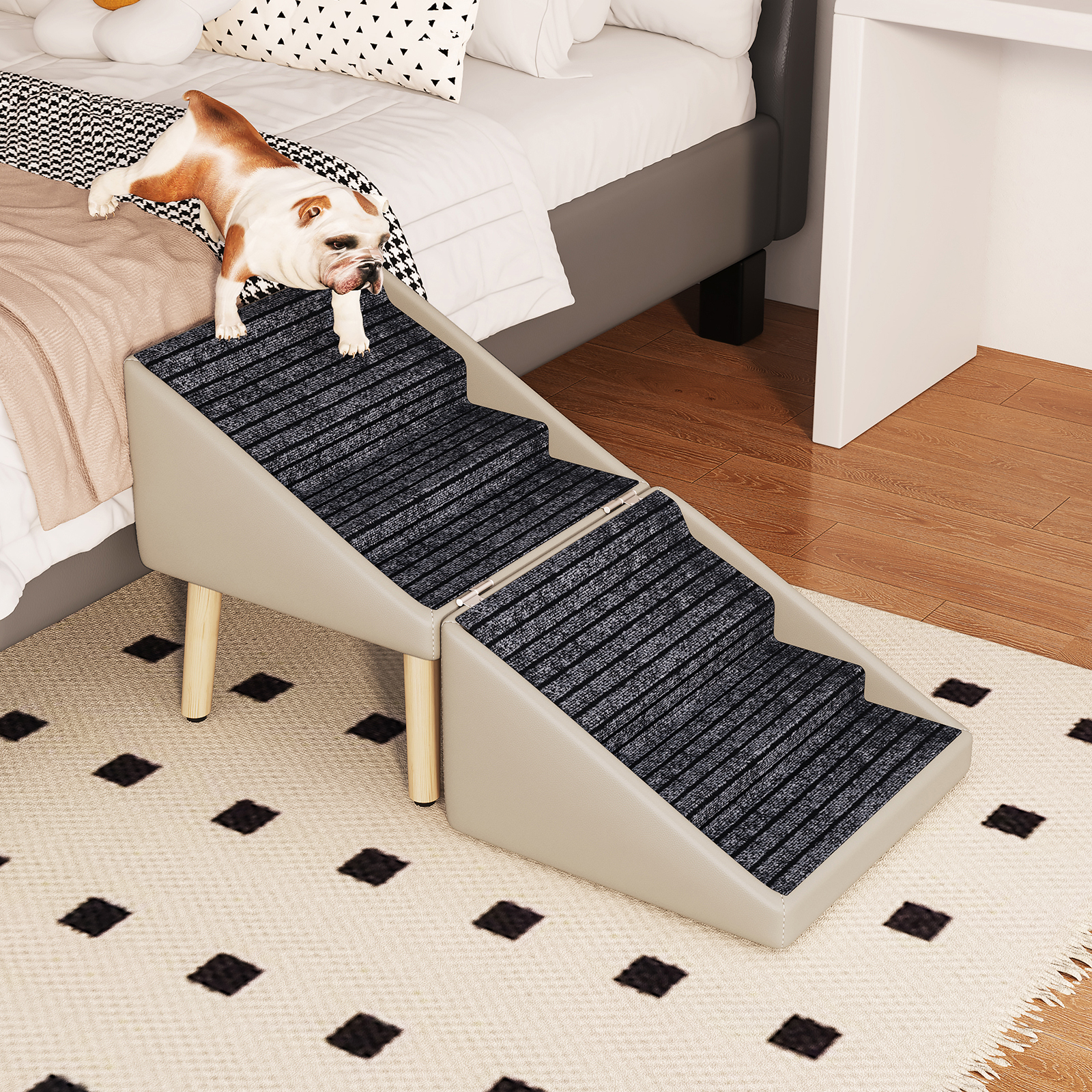 Paso para Perros para Cama y Sofá - Escaleras de Madera 2 en 1 para Perros Grandes, Medianos y Pequeños, Diseño Split con Superficie Antideslizante Gris Claro — imagen 6