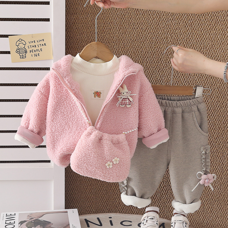 Girls' Floral Rabbit Print Fleece Lined Winter Three-Piece Set — image 8
