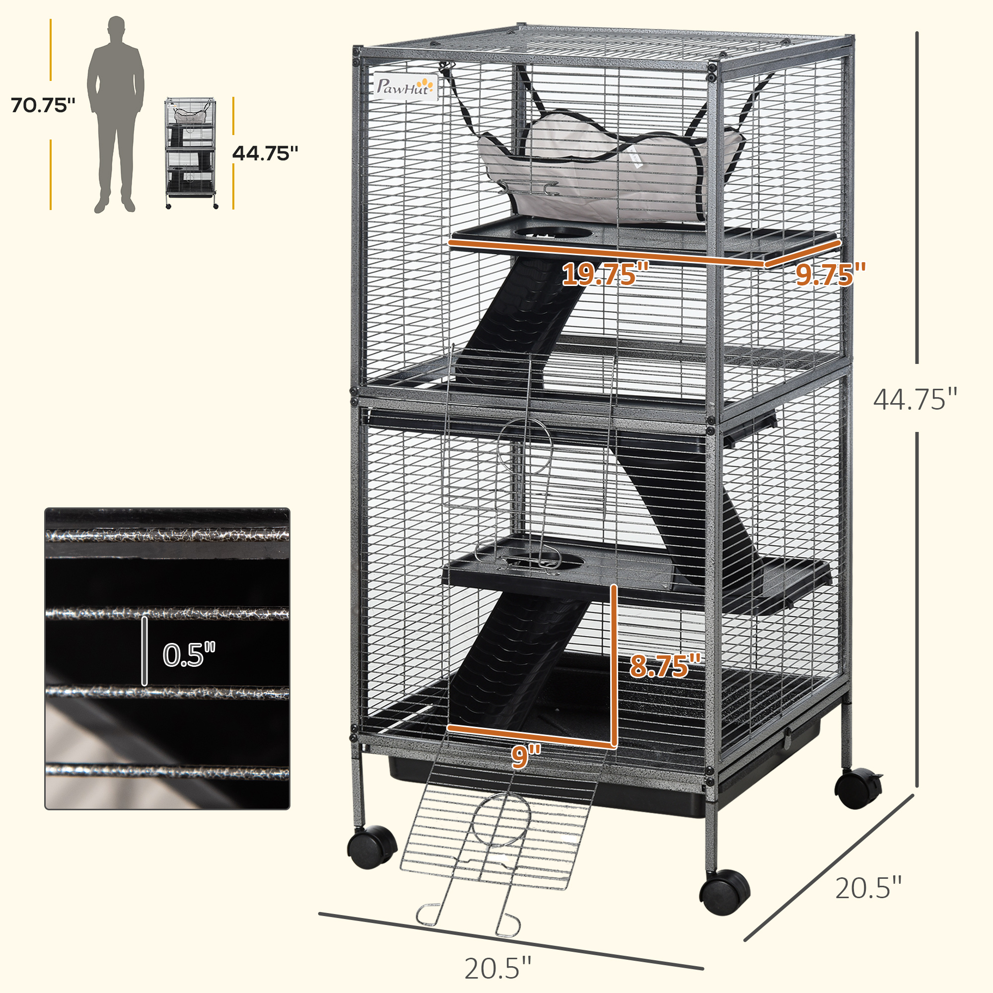 Caja de Metales Grande de 4 Niveles para Pequeños Animales con Hamaca, bandeja removible, espacio extra para ferretes y chinches, gris — imagen 2
