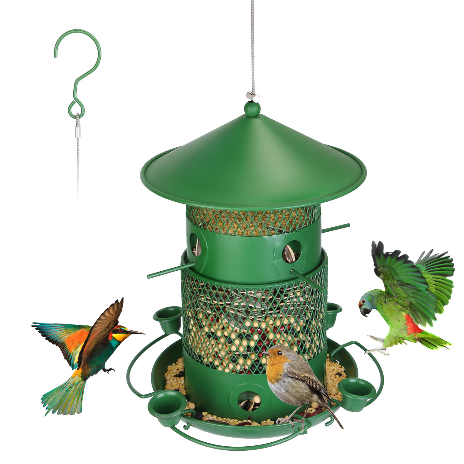 Comedor de Pájaros Silvestres Prueba de Ardillas Resistente al Mordisco Metalúrgico Comedor de Semillas para Jardín Patio Exterior con Perchas Circulares 360° Tazas de Agua para Primavera Verano — imagen 2
