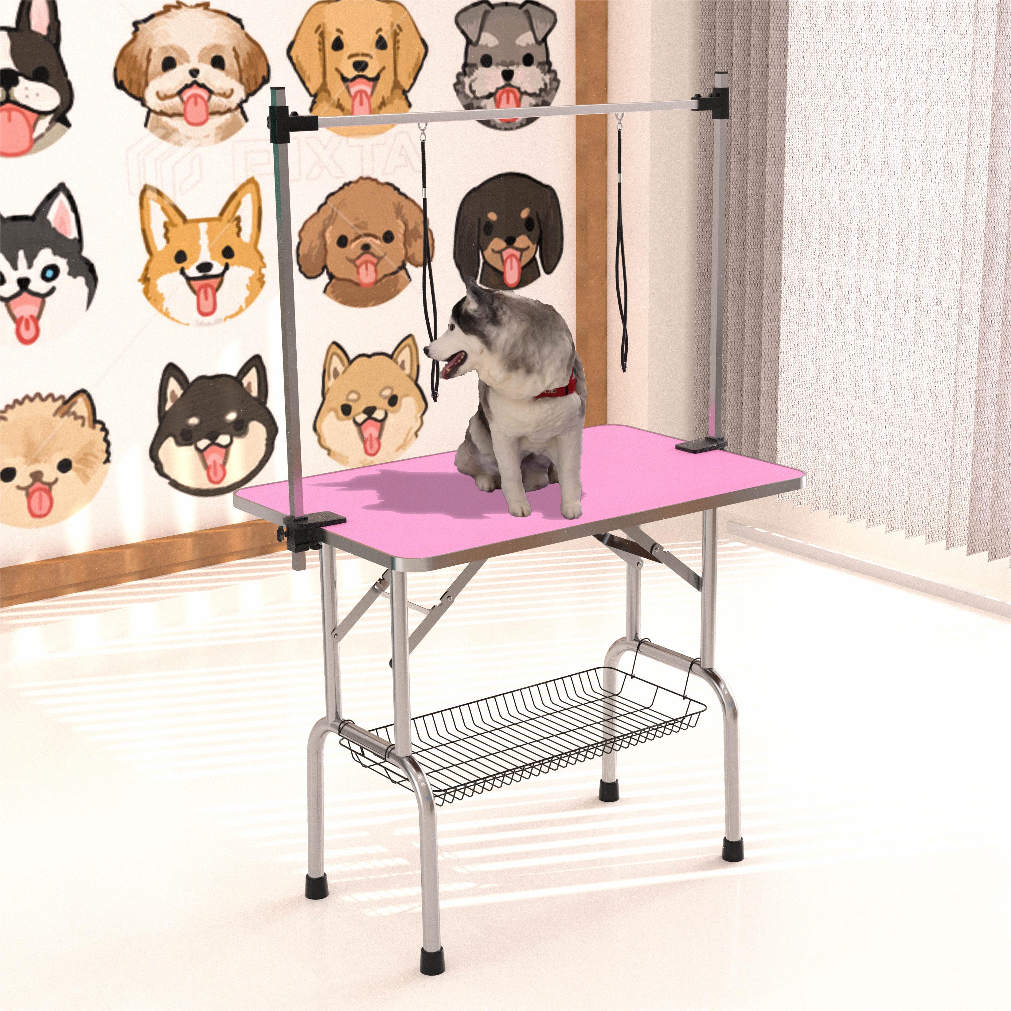 Mesa de aseo plegable de 46" para perros y mascotas, estructura de acero inoxidable con tapete de goma sobre tabla, brazo ajustable y sujetadores, mesa de aseo para perros y gatos, color ROSA — imagen 1