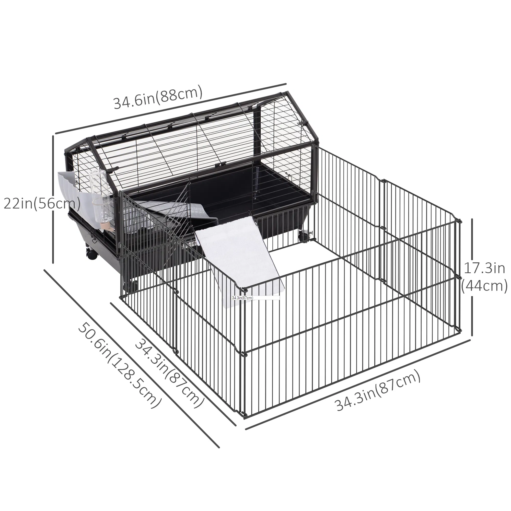 Metal Small Animal Cage, Rabbit Cage for Guinea Pig Chinchilla Hedgehog Bunny with Removable Wheels and Foldable Detachable Run Fence, 34.6" L x 50.6" W x 22" H — image 5