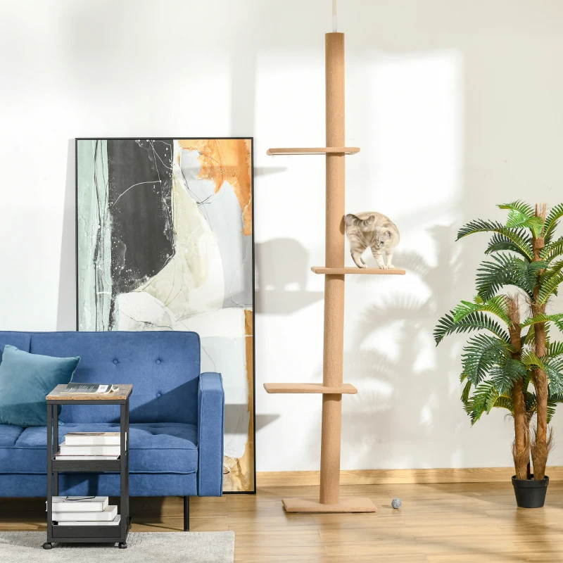 Árbol de Gato PawHut de Piso a Techo con Postes de Rastrillado de Sisal, Centro de Actividad Natural para Gatos, Color Marrón — imagen 2