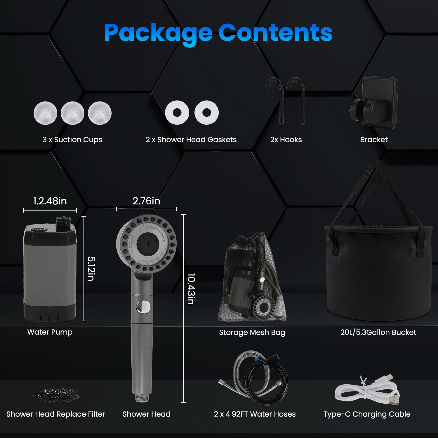 Ducha Portátil para Camping con Accesorios IPX7 Resistente a Agua 6000mAh Recargable Ducha con Cabezal Filtro Capacidad 5.3 Galones Bolsa de Almacenamiento Plegable para Caminatas Playas Viajes y Mascotas — imagen 10