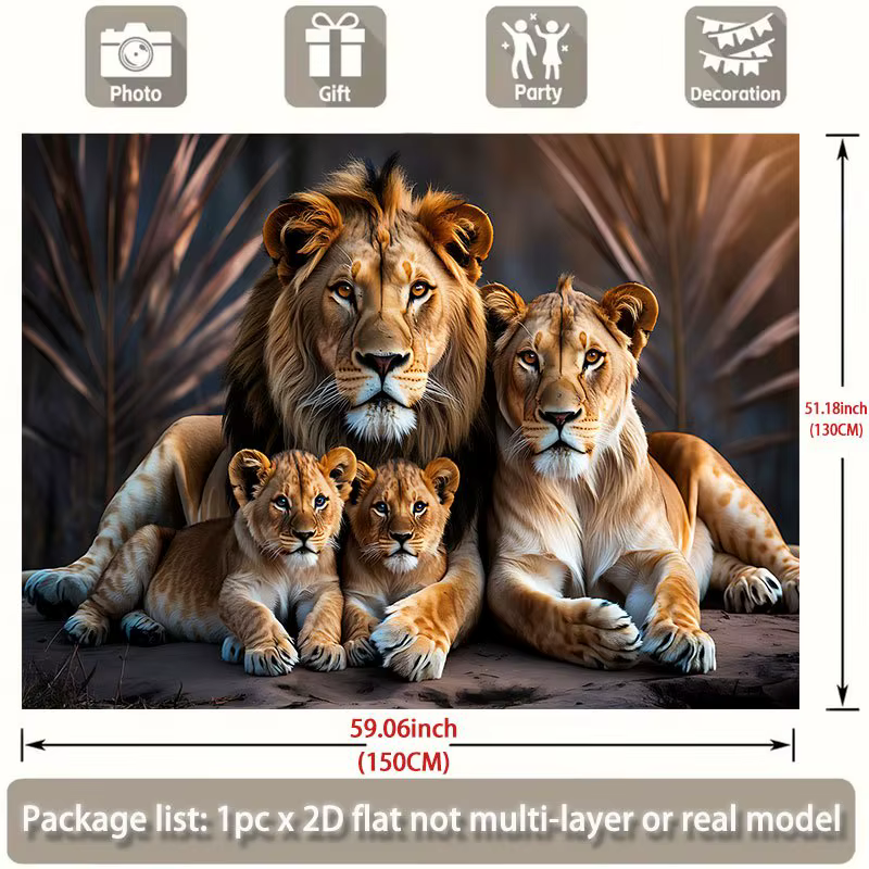 Tapiz Plano 2D, Retrato de Familia de Leones Cachorros y Adultos, Vida Silvestre Safari, Regalo para Amantes de los Animales, Decoración de Pared para Habitación Infantil, Naturaleza Africana — imagen 4