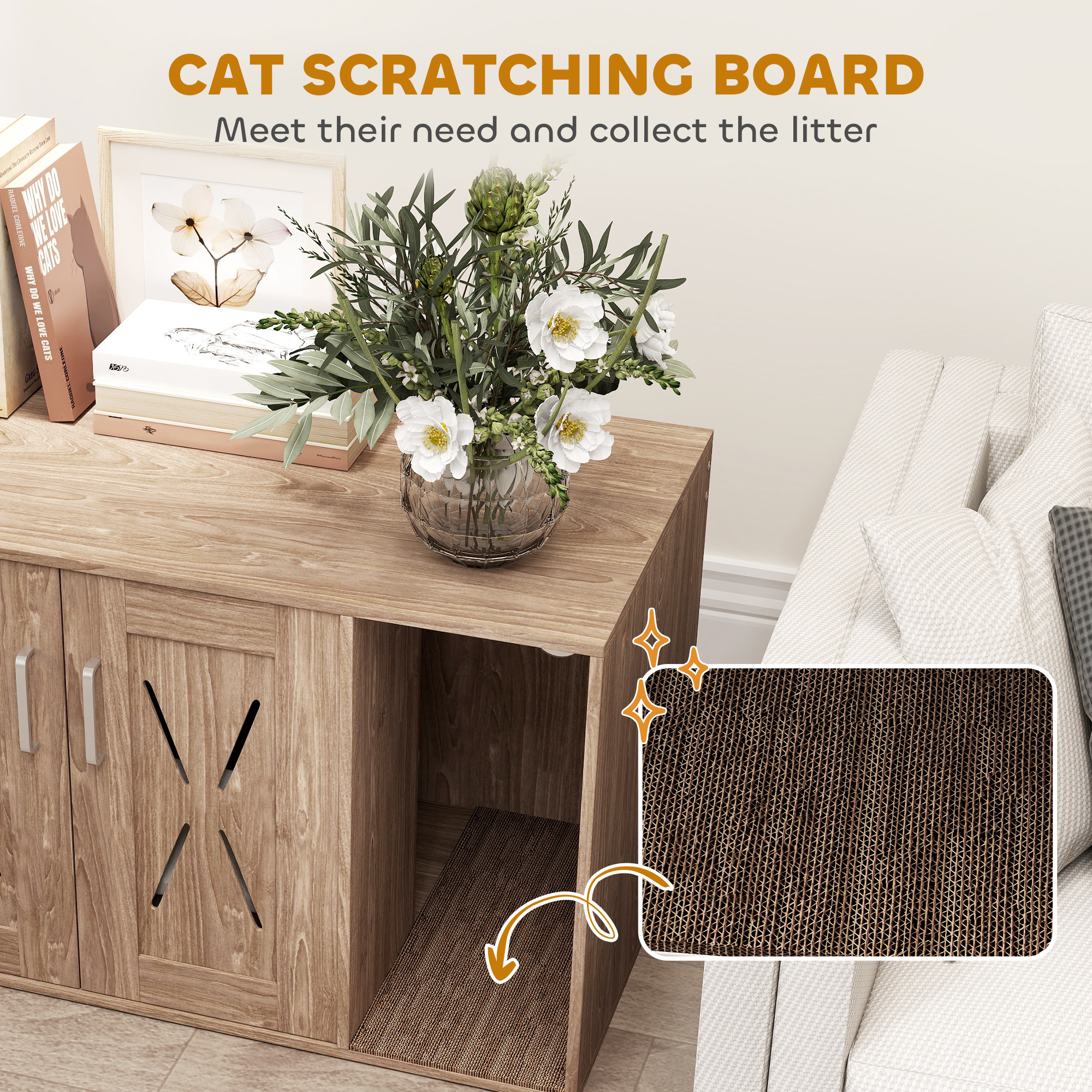 Caja de Arena para Gatos con Tablero de Rasguñado, Mesa Lateral y Baño para Mascotas, 81 cm x 48 cm x 51 cm, Madera Marrón Claro — imagen 4