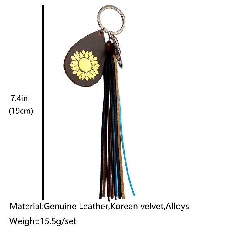 Crazy Horse Skin Keychain Texture Hot Gold Sunflower Cross Droplet Shape Keyring Leather Tassel Pendant — image 8