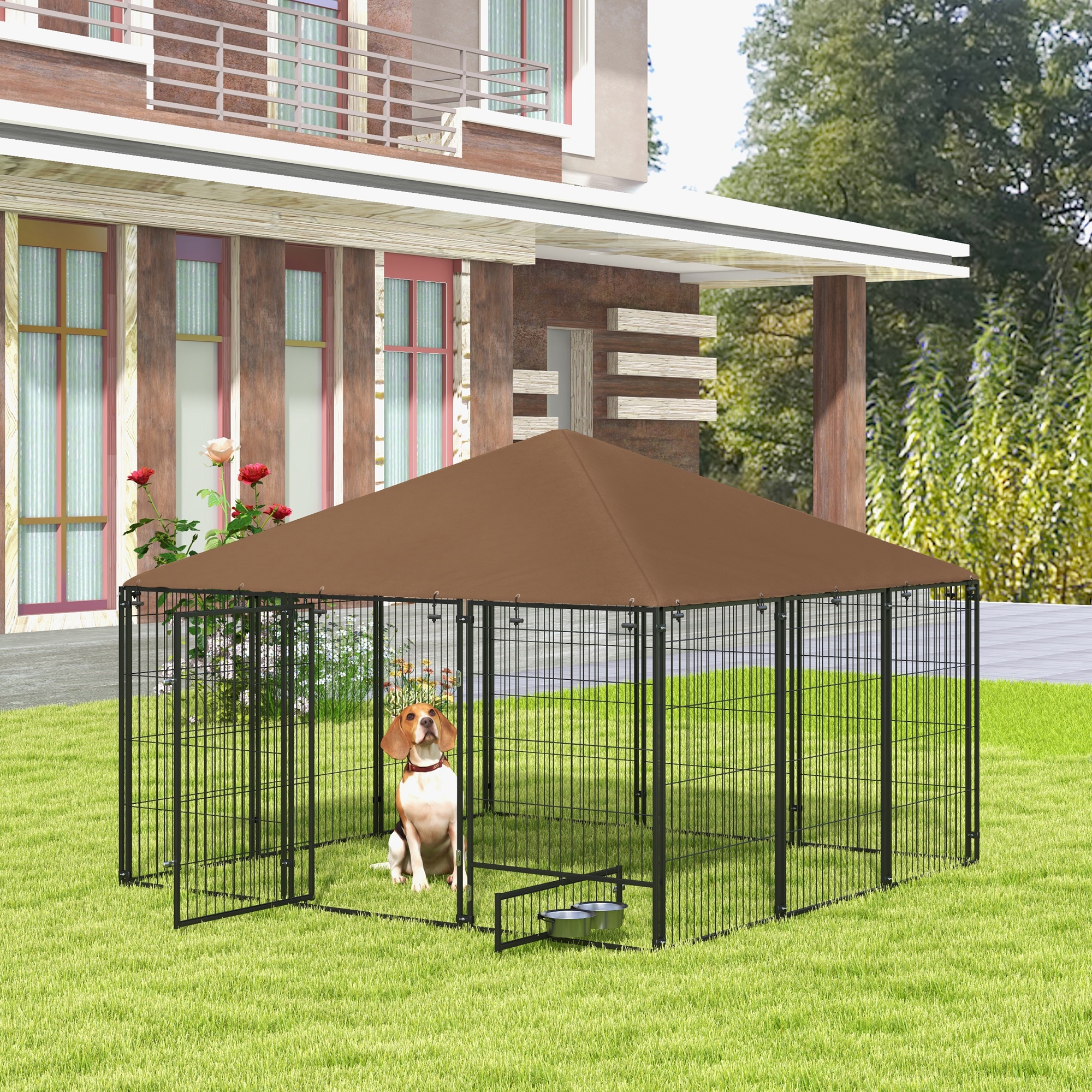 6,9 x 6,9 x 5 Canil de Perro al Aire Libre con Techo de Jardín, Caja de Jardín, Comida y Agua Rotativa — imagen 8