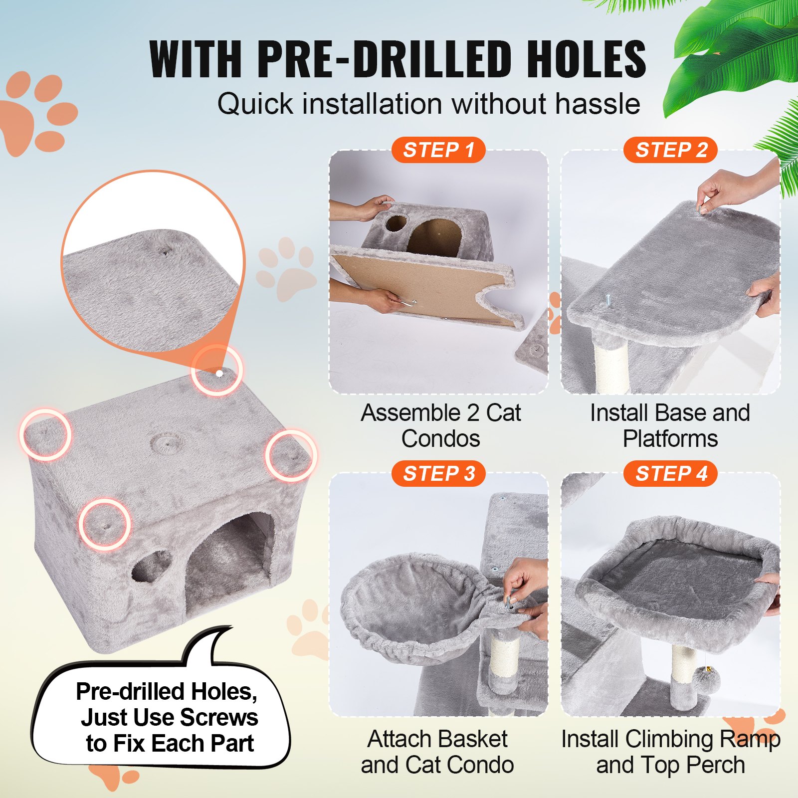 Árbol para Gatos de Interior, 68,5" Torre para Gatos con 2 Condos, Palo de Escarificar de Sisal, Hamacas, Perchas Superiores y Plataformas de Salto con Rampita, Centro de Actividad para Gatos con Pelotas Colgantes Gris Claro — imagen 5