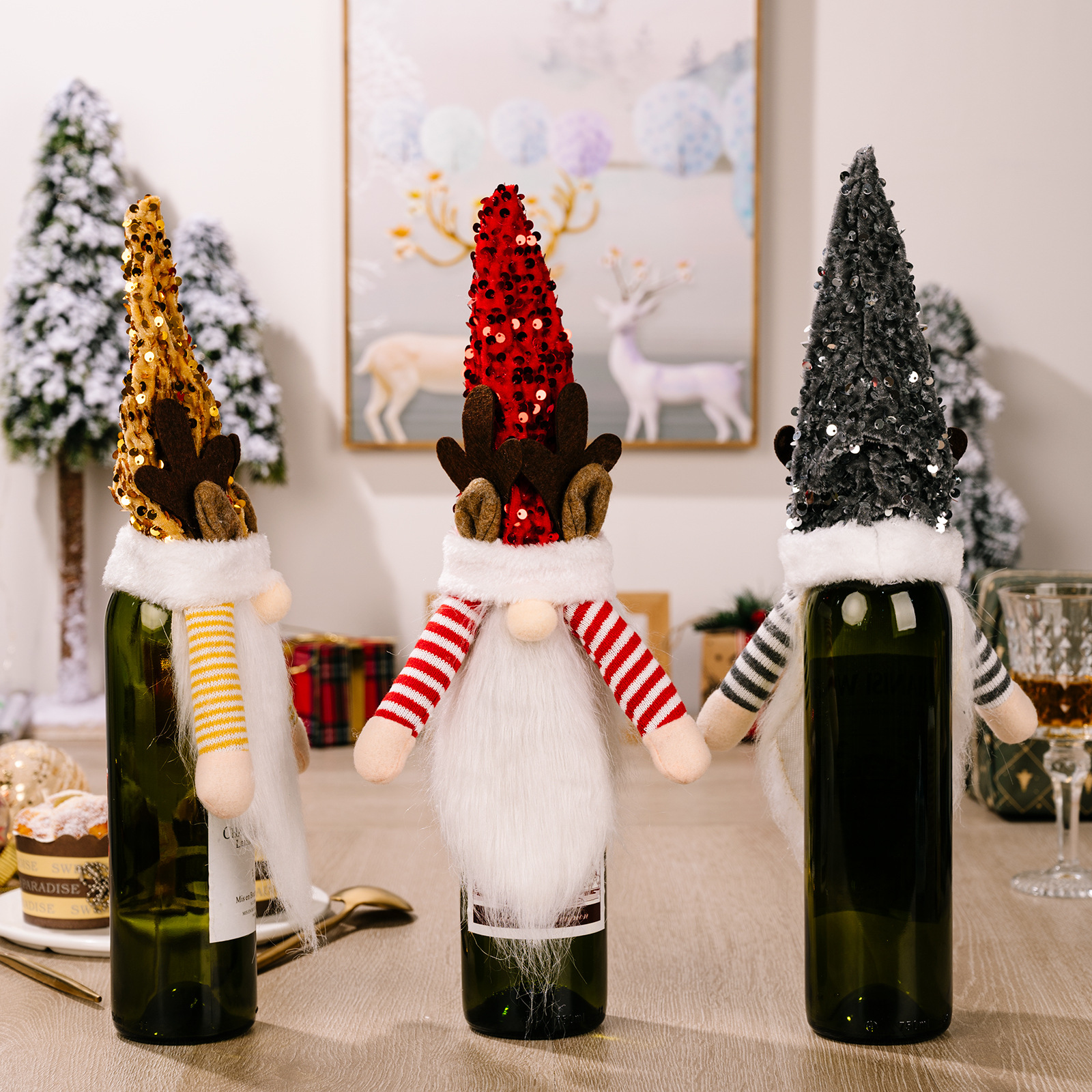 Christmas decoration items, sequins, red, yellow, black sequin caps, wine bottle covers, deer horn wine covers, red wine bottle caps — image 3