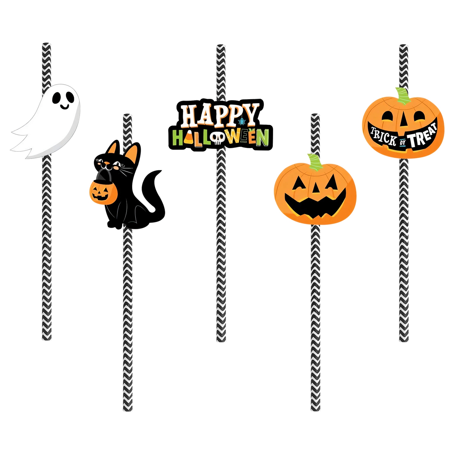 Set Of 25Pcs Halloween Party Striped Decorative Straws Disposable Drinking Straws Paper Straw Decor Happy Halloween Ghost Lantern Black Cat Halloween Party Supplies — image 2