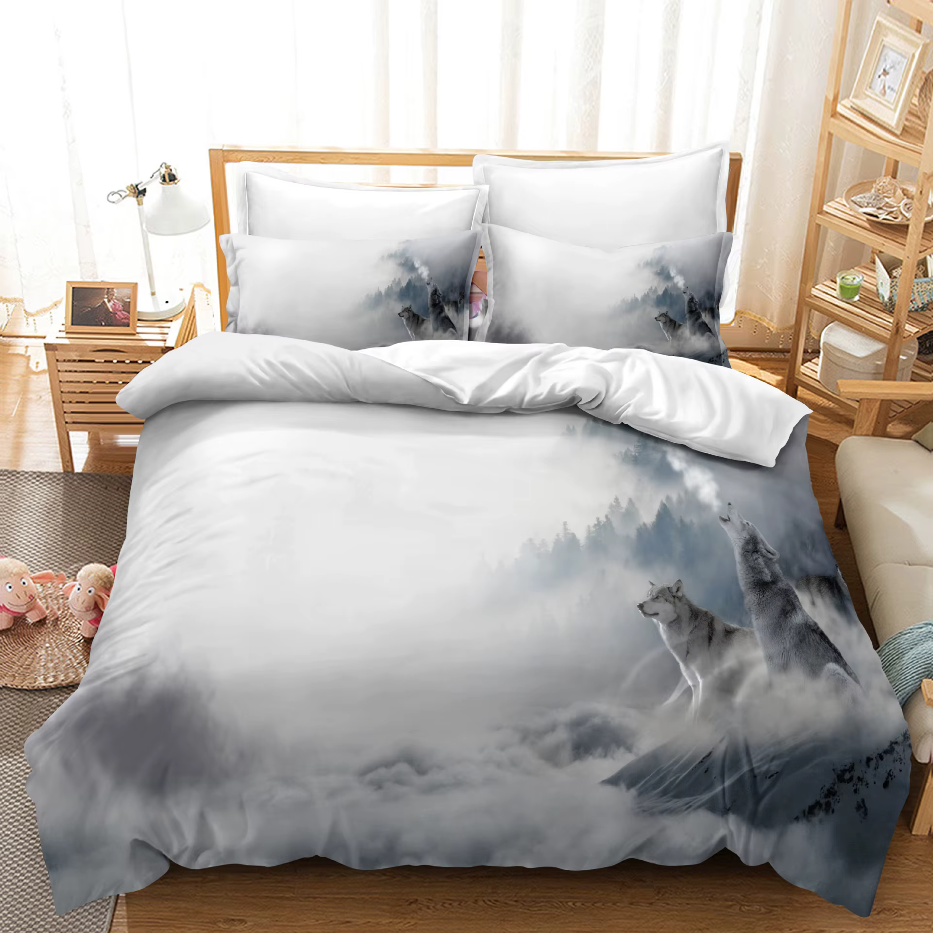 Caja de Cama 3D de Vida Salvaje de Lobo con Campo de Nieve y Árbol, Conjunto de Ropa de Cama Completa para Cama Twin/Queen/King — imagen 6