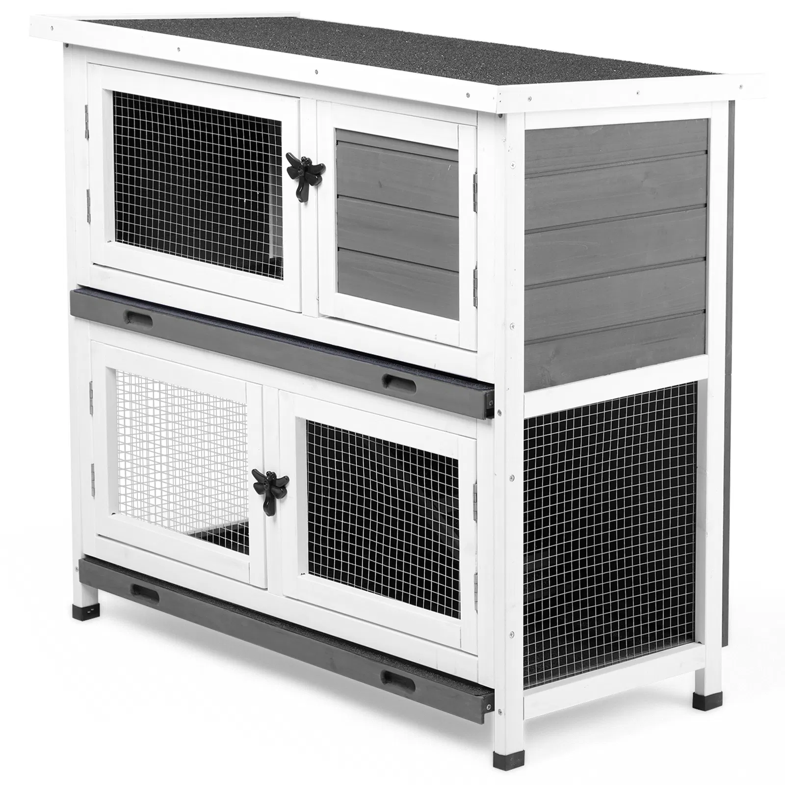 2 Story Solid Wood Rabbit Hutch Bunny Cage with 2 Large Main Rooms, Indoor Outdoor Rabbit House Guinea Pig Cage Pet House for Small Animals with 2 Removable Trays, Grey — image 6