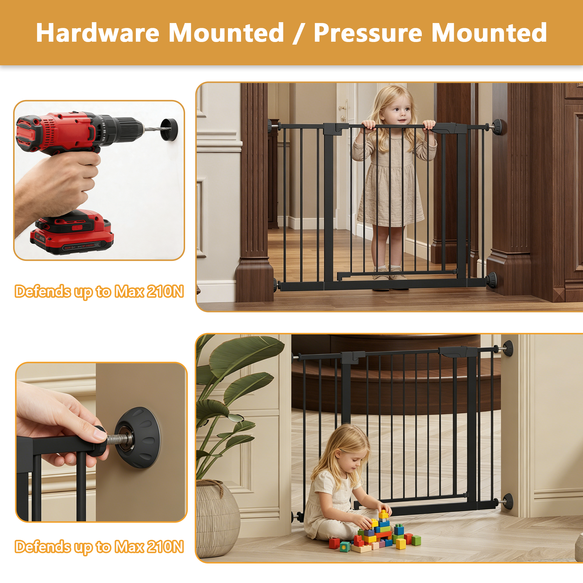 Reja para Bebés Ancha de 29.5-45.3" con Protector de Pared para Escaleras, Reja para Perros de Interior para Puertas, Sin Taladrar, Montaje a Presión, Rejas para Mascotas para Niños, Reja de Seguridad Fácil de Cruzar, Negra — imagen 9