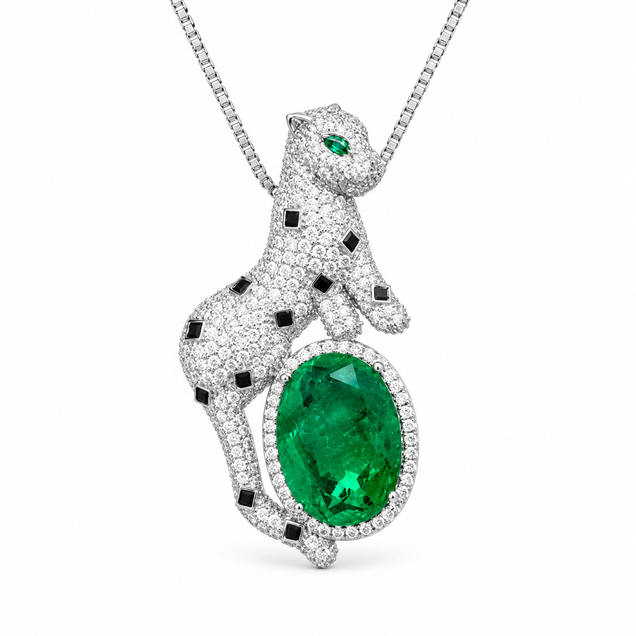 Cuello de Pendiente de Leopardo de Lujo para Mujeres, Plata de Cobre Recubierta con Ovalo Simulado de Esmeralda Verde y Piedras de CZ Blanca y Negra Animal de Estilo Regalo